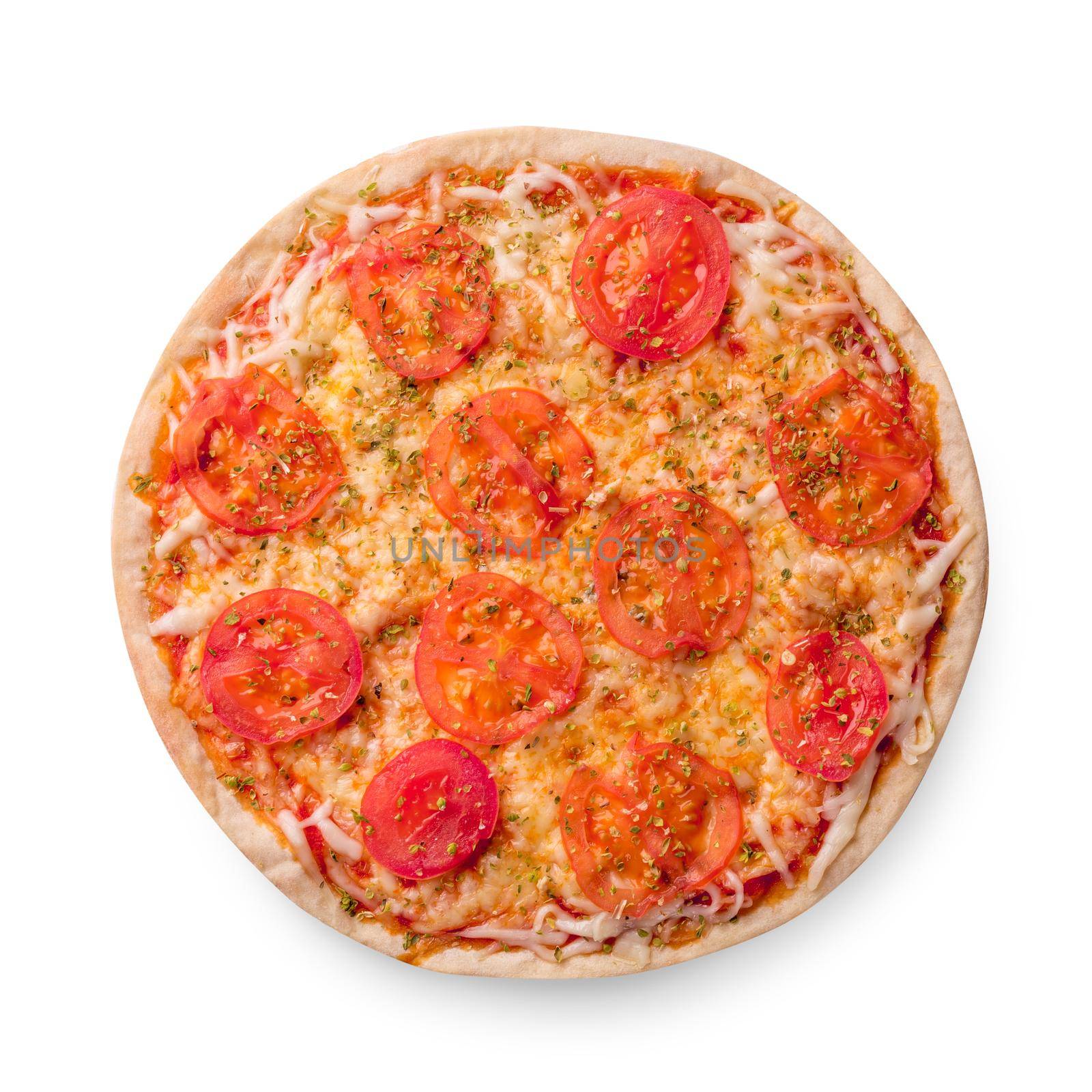 Pizza with cheese and tomato isolated on white background. Pizza margarita top view. by nazarovsergey