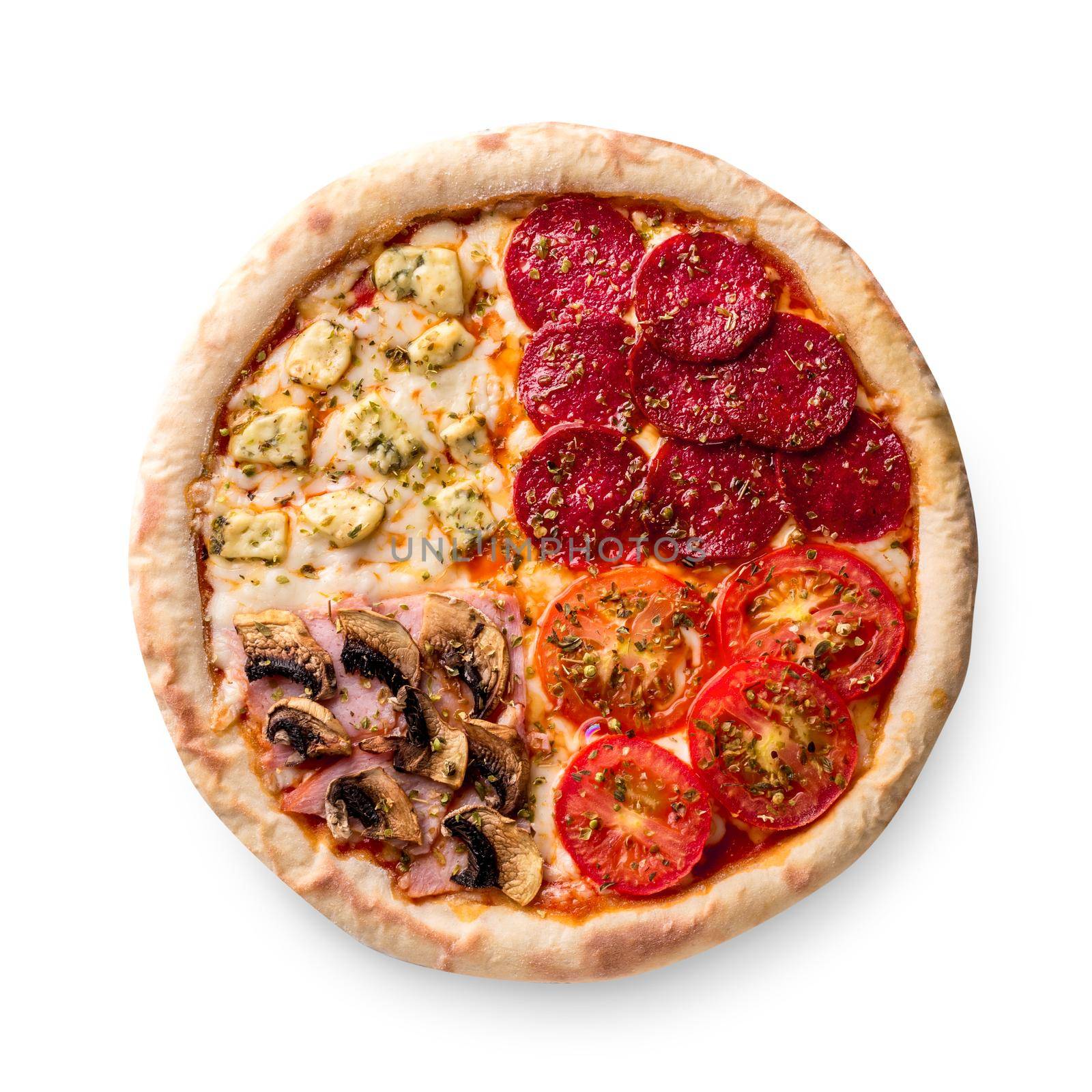 Pizza with pepperoni, champignons, tomato and cheese. Four tastes in one pizza on white background. by nazarovsergey