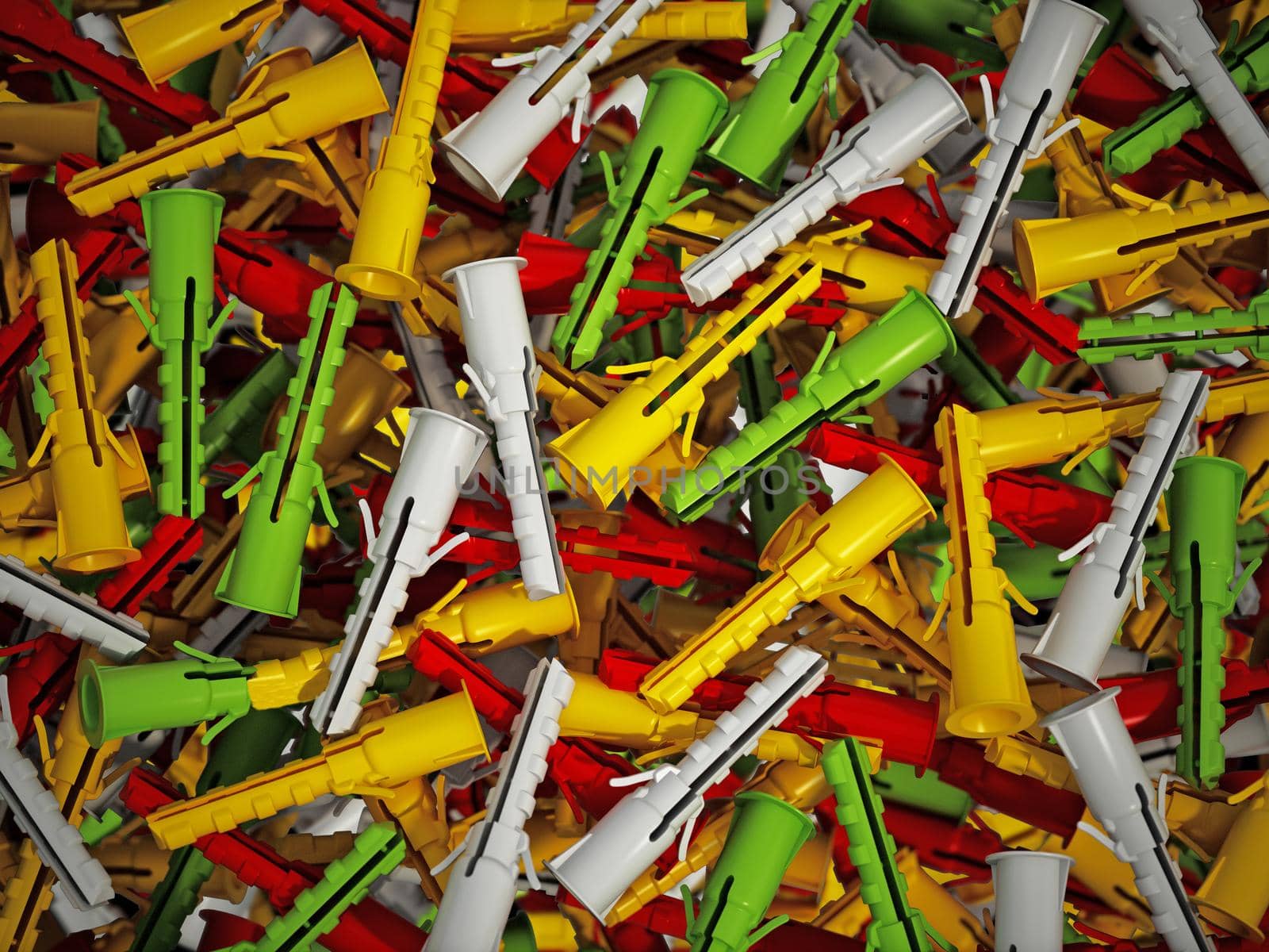 Heap of plastic dowels in various size and colors. 3D illustration.