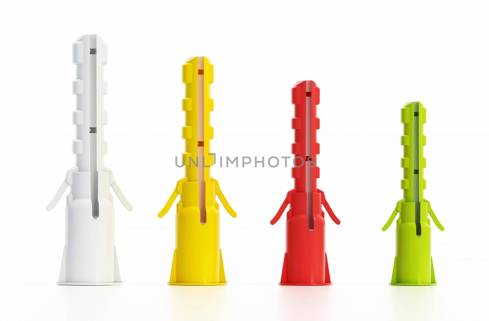 Plastic dowels in various size and colors. 3D illustration.