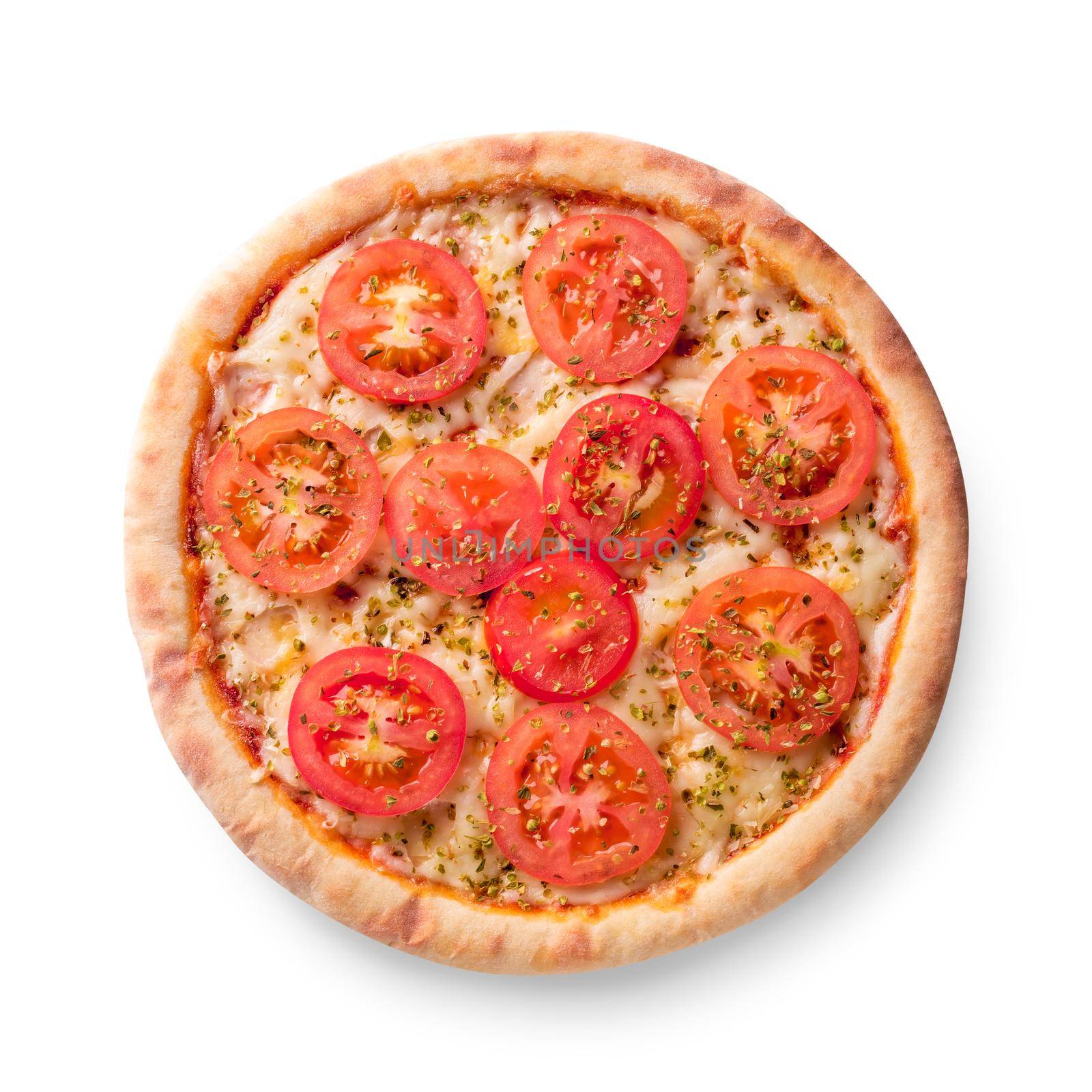 Pizza with cheese and tomato isolated on white background. Pizza margarita top view. Photo for the menu