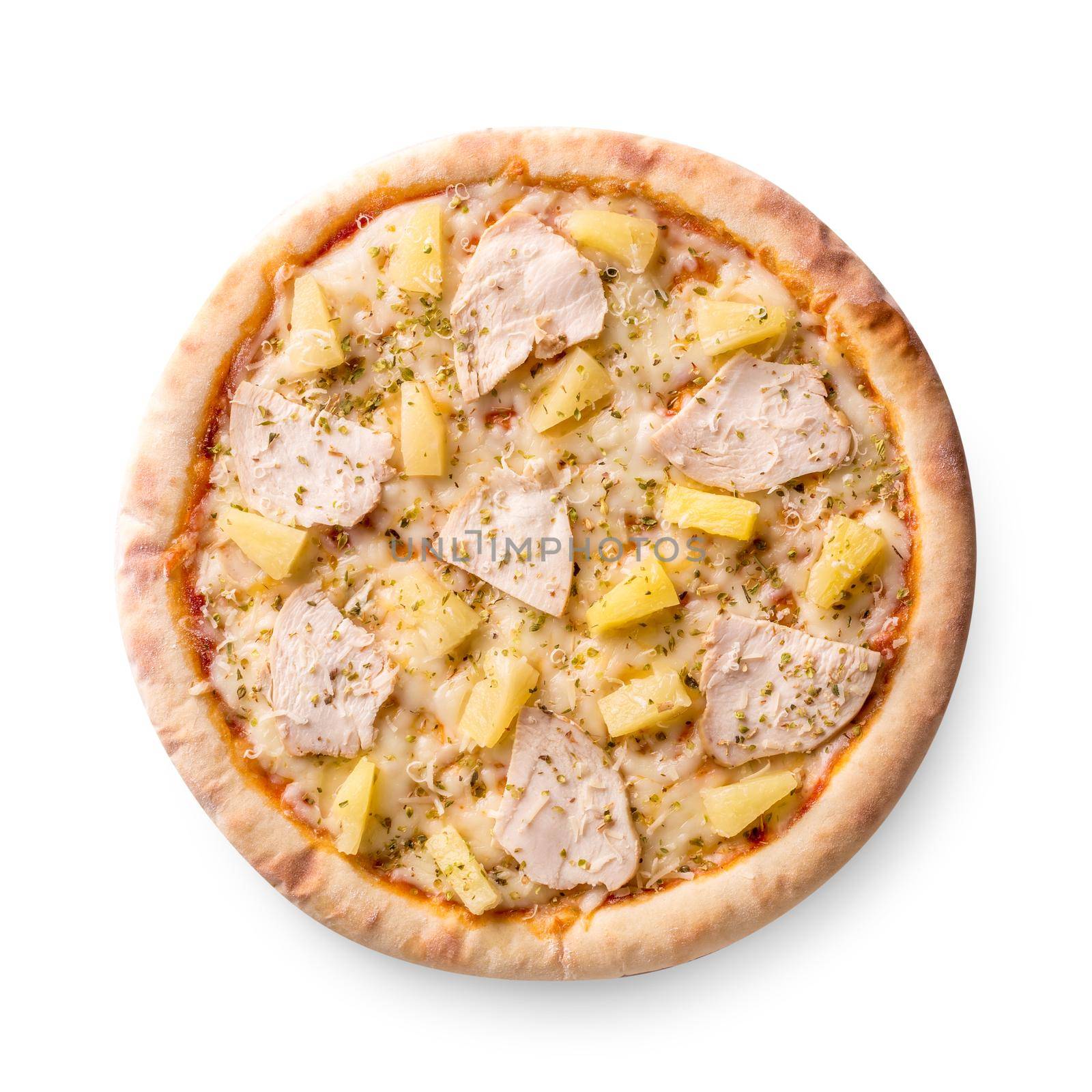 Delicious italian pizza with pineapples and chicken fillet isolated on white background. Top view by nazarovsergey
