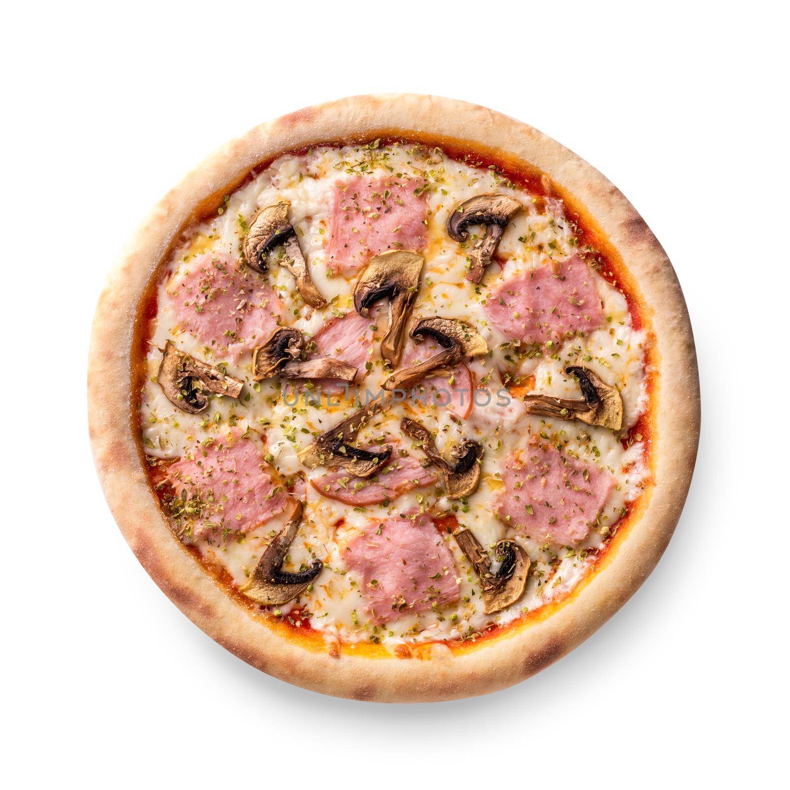 Fresh pizza with mushrooms, ham, cheese on white background. Copy space. Homemade with love. Fast delivery. Recipe and menu. Top view.