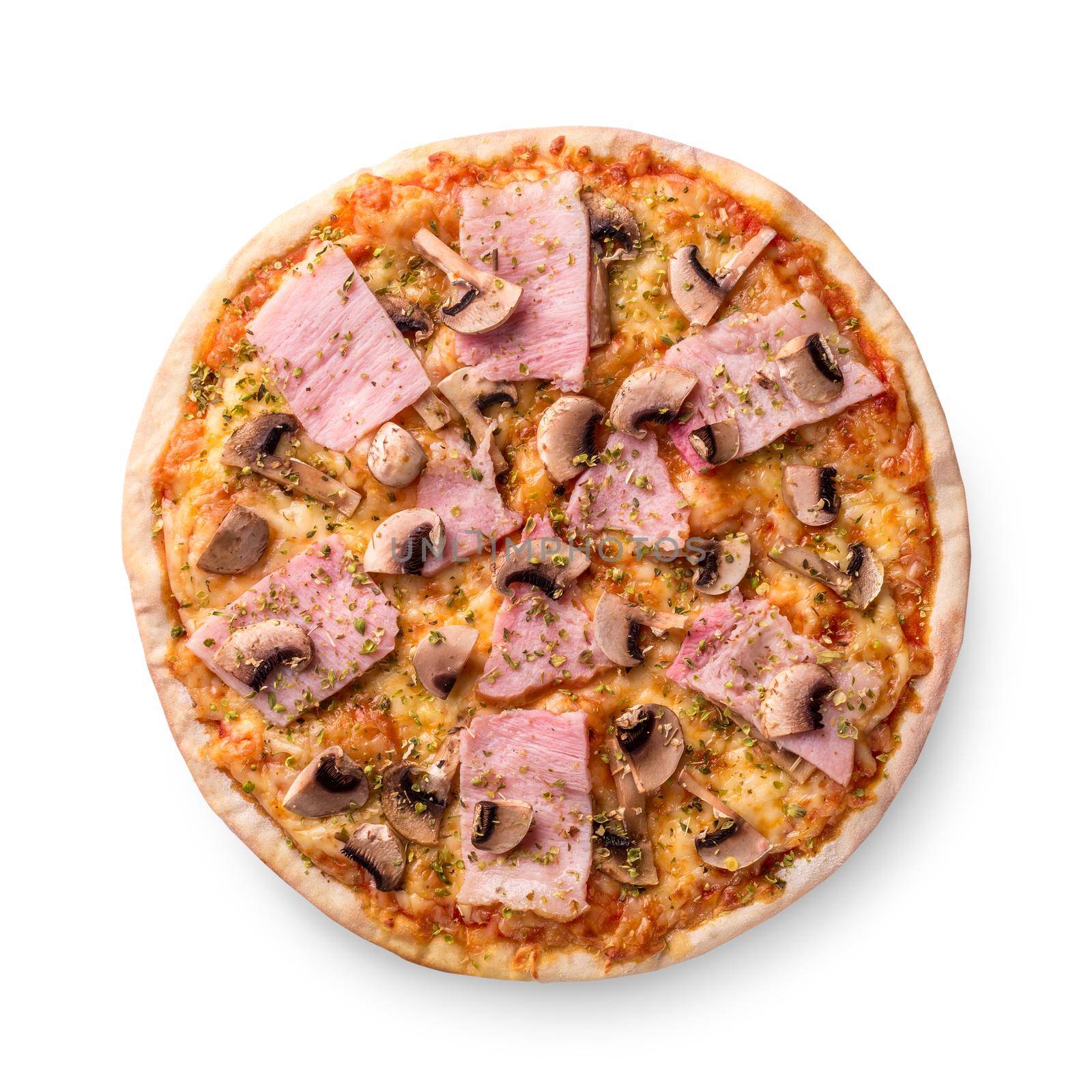 Fresh pizza with mushrooms, ham, cheese on white background. Copy space. Top view. by nazarovsergey