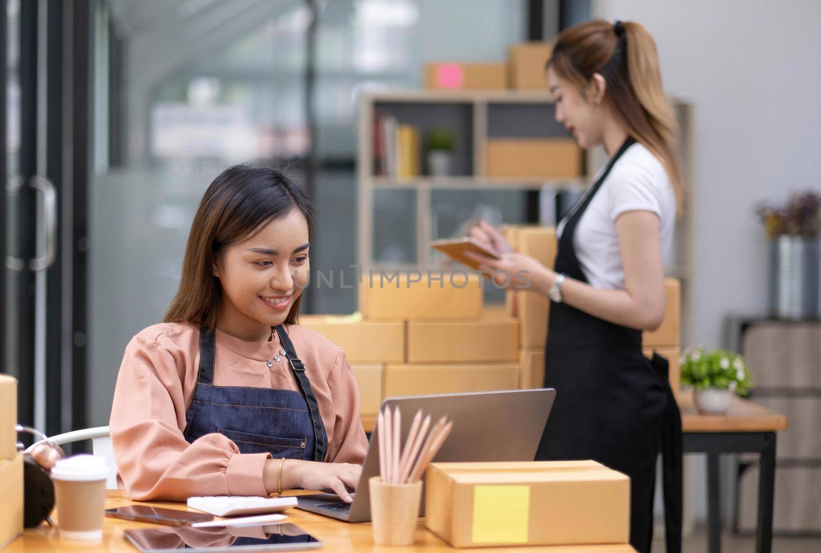 Two Asian young woman working together for SME project. Young Owner people startup for Business Online, SME, Delivery Project. Online Business and Small business Concept by wichayada