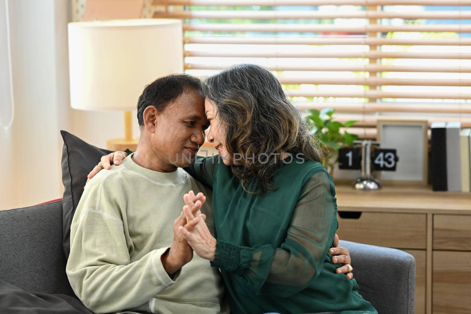 Romantic senior couple relaxing, enjoy weekend incopy living room together. Retirement lifestyle, health insurance concept.