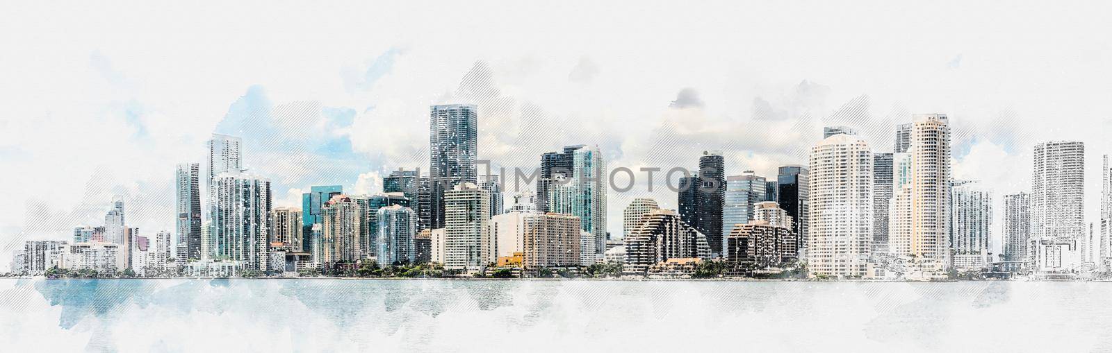 Watercolor painting illustration of Miami Downtown skyline in daytime with Biscayne Bay by Mariakray