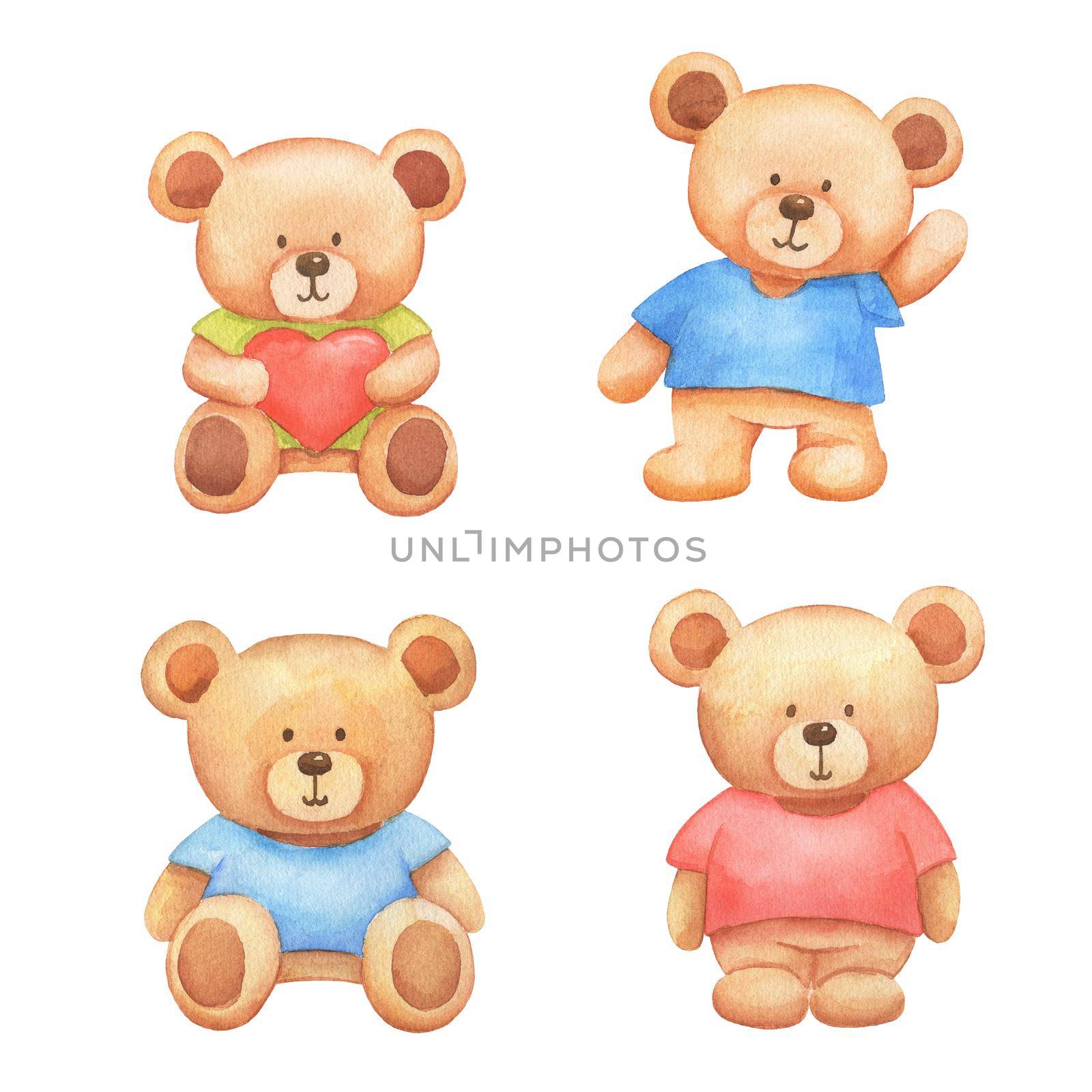 Watercolor set of cute bears toys in T-shirt. Sitting bear with heart for Valentine's Day cards or baby shower