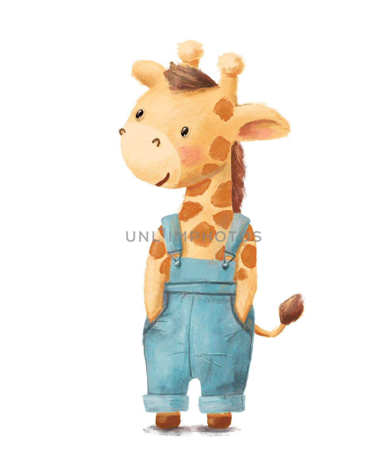 Cute funny standing giraffe in clothes jeans. Character illustration Isolated on white background.