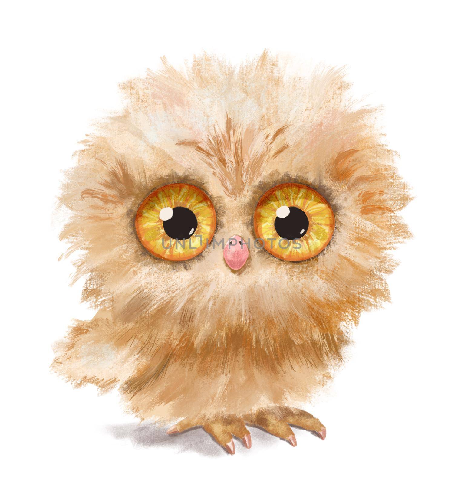 Cute funny fluffy sitting owl with big yellow eyes. Watercolor character illustration Isolated on white background.