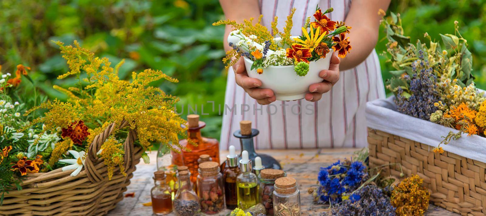 Woman with medicinal herbs and tinctures. Selective focus. Nature.