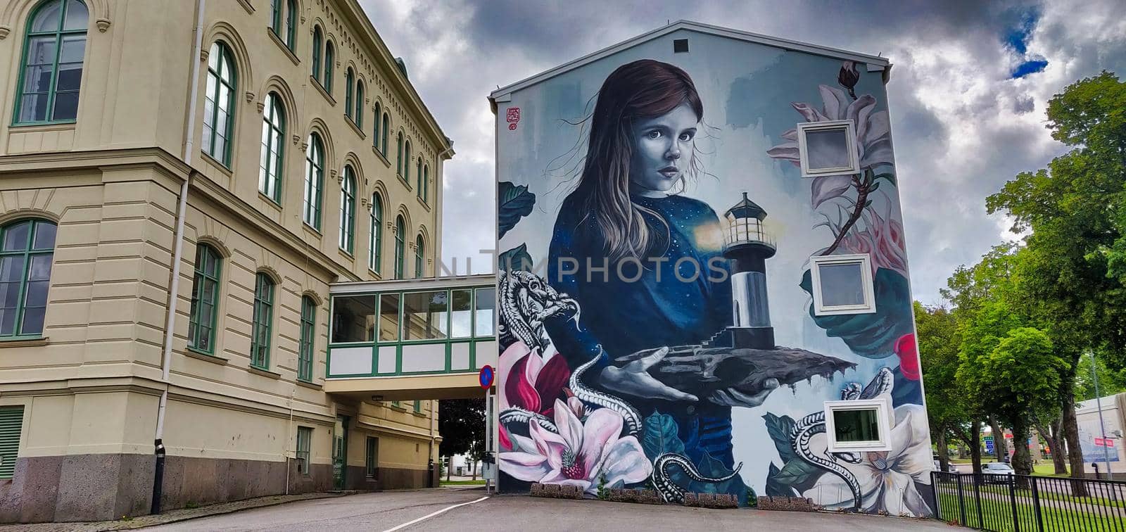 Vastervik, Sweden - July 05 2020: Street Art by Lula Goce on Ellen Key School. High quality photo