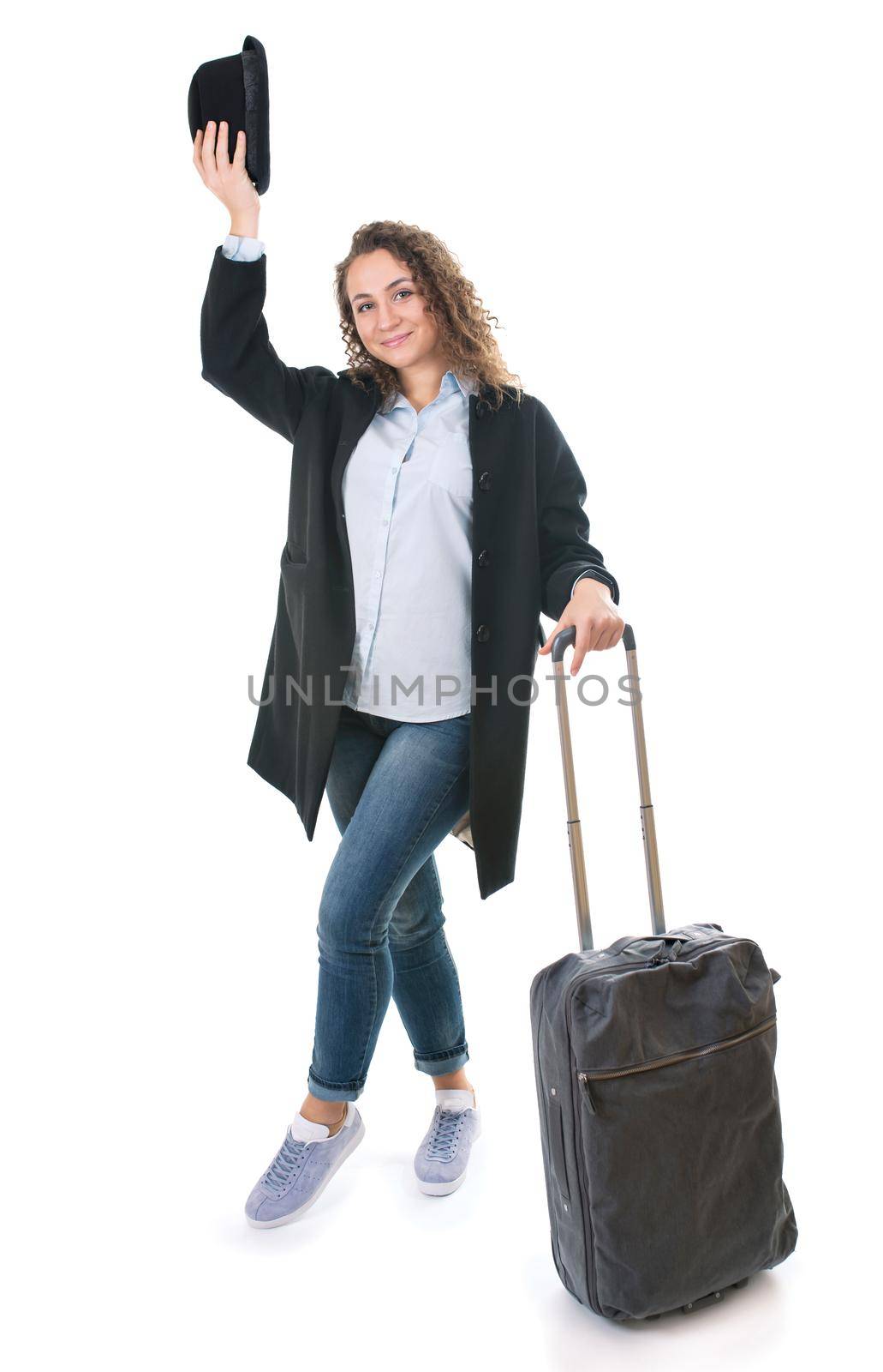 tourism, vacation, young girl with travel bag, ticket and passport on a white background by aprilphoto