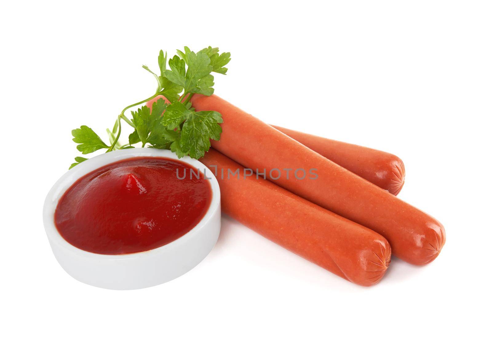 Fresh sausages with parsley leaves isolated on white background