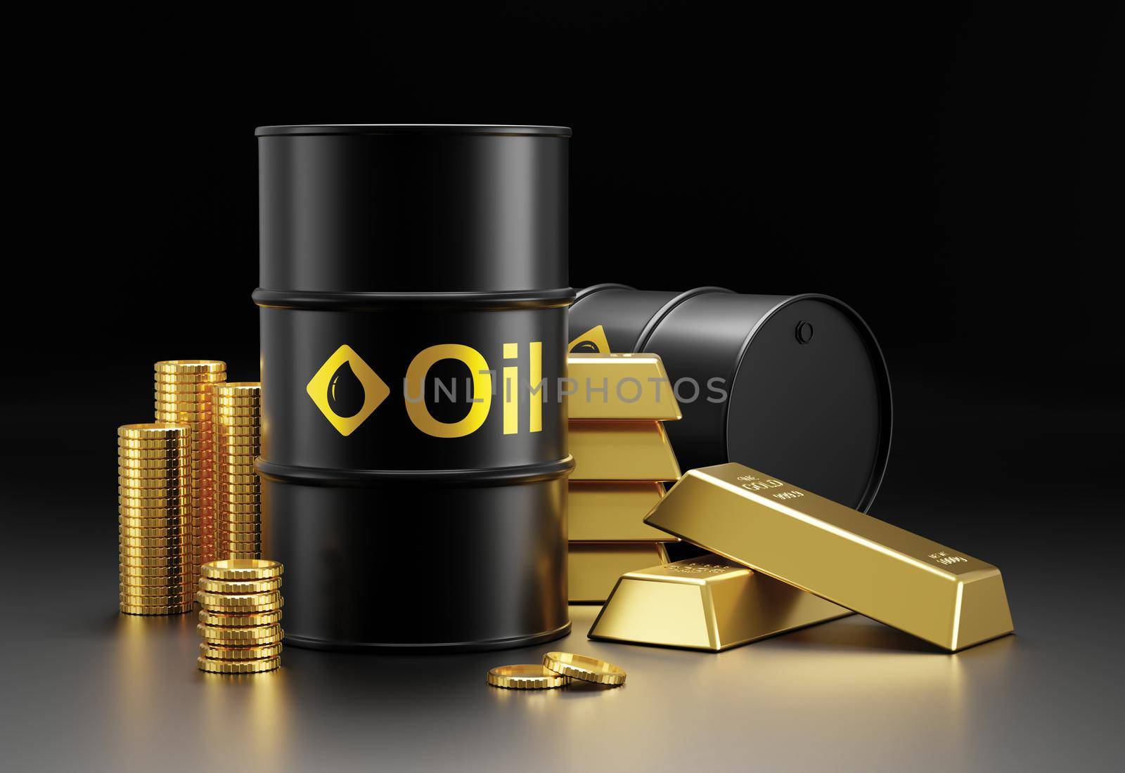 Oil barrels and gold bars on black background 3D render