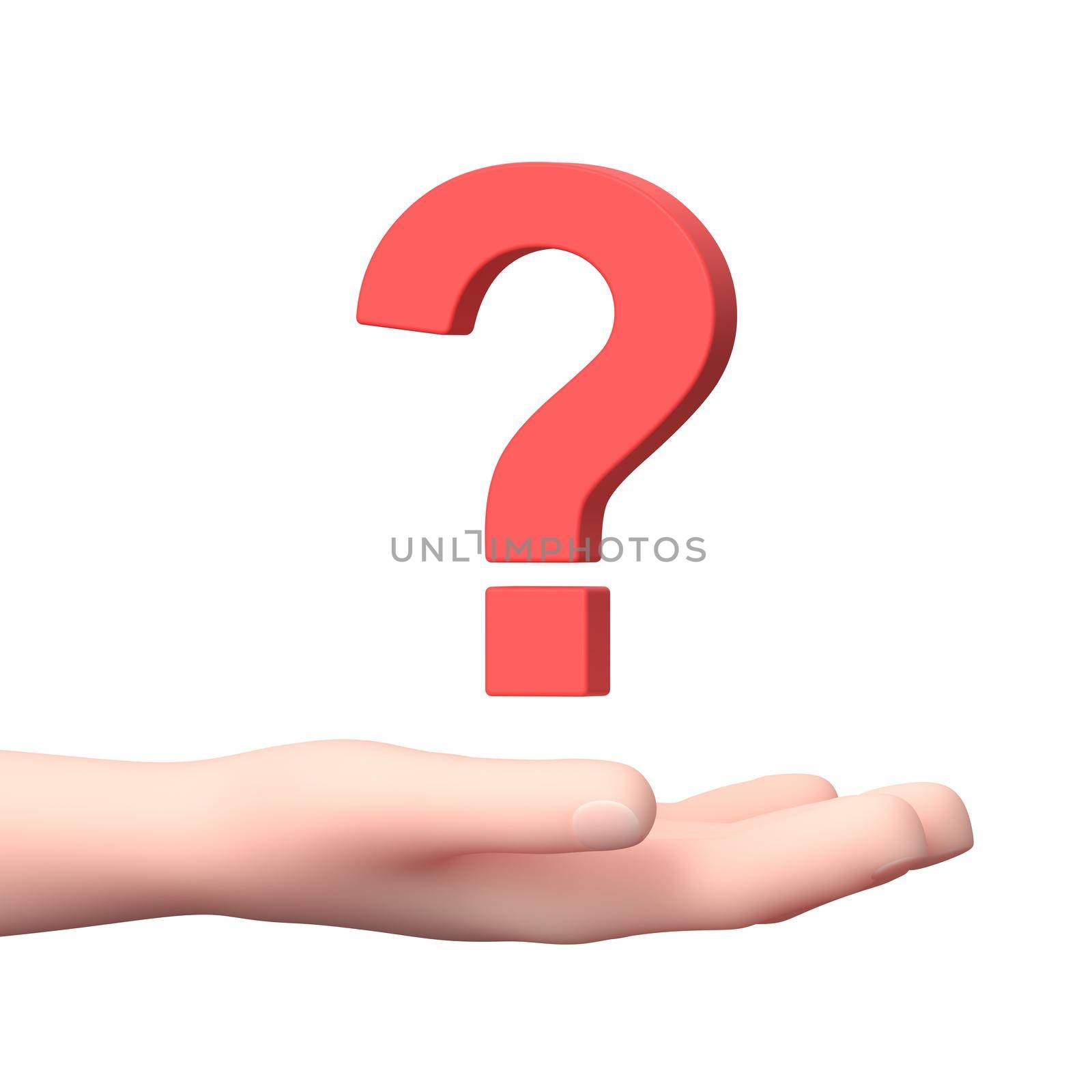 Hand Holding a Red Question Mark. 3D Cartoon Character. Isolated on White Background 3D Illustration, Problem and Question Concept