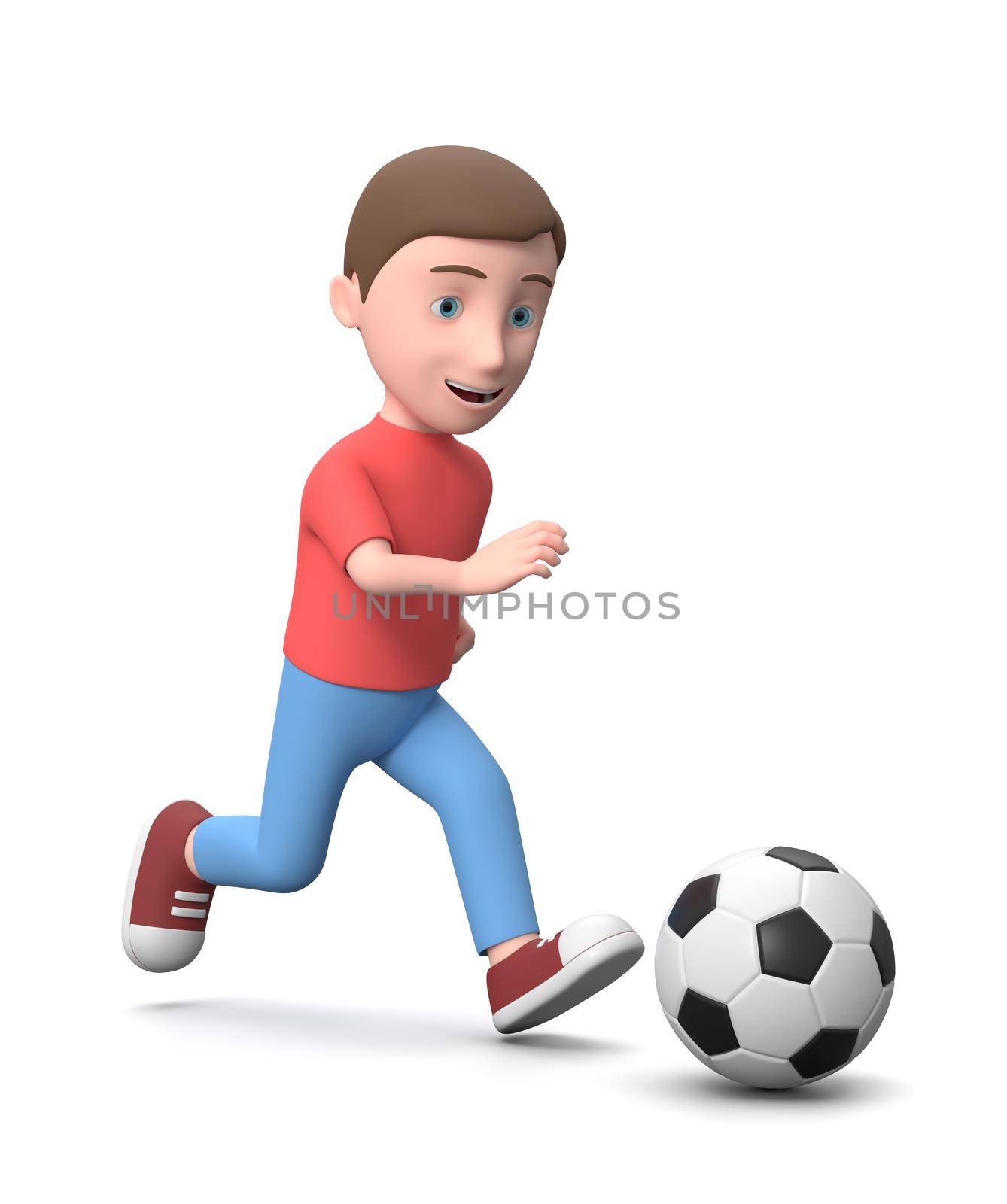 Smiling Young Kid Running and Playing Soccer Ball. 3D Cartoon Character Isolated on White Background 3D Illustration