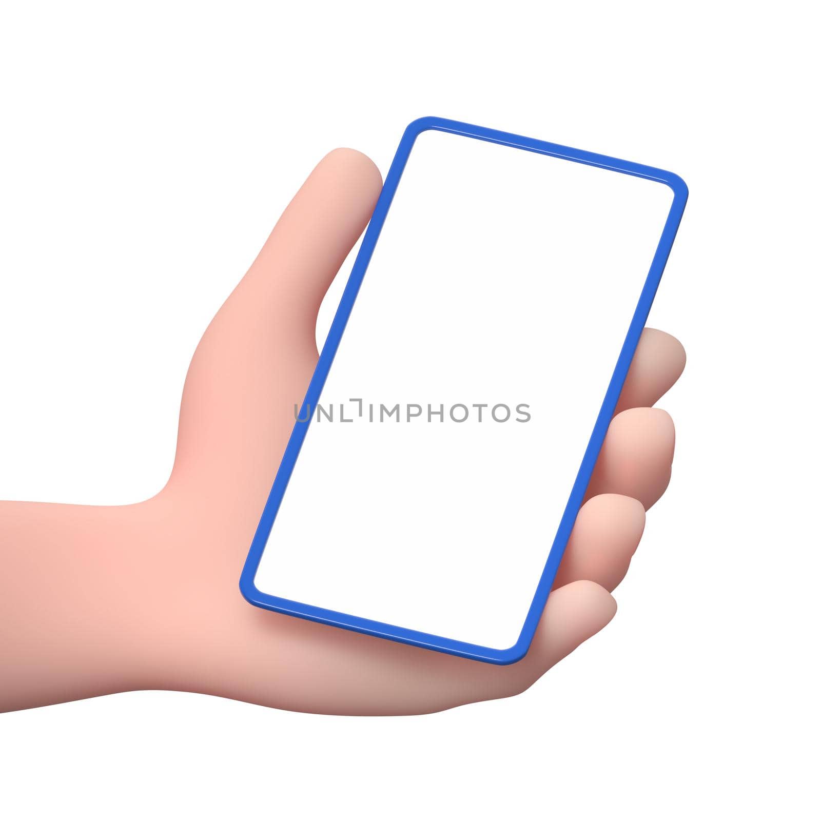 3D Cartoon Character Hand Holding a Phone with White Blank Screen Isolated on White Background 3D Illustration