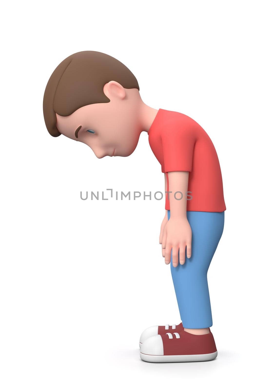 Sad Young Kid. 3D Cartoon Character Isolated on White by make