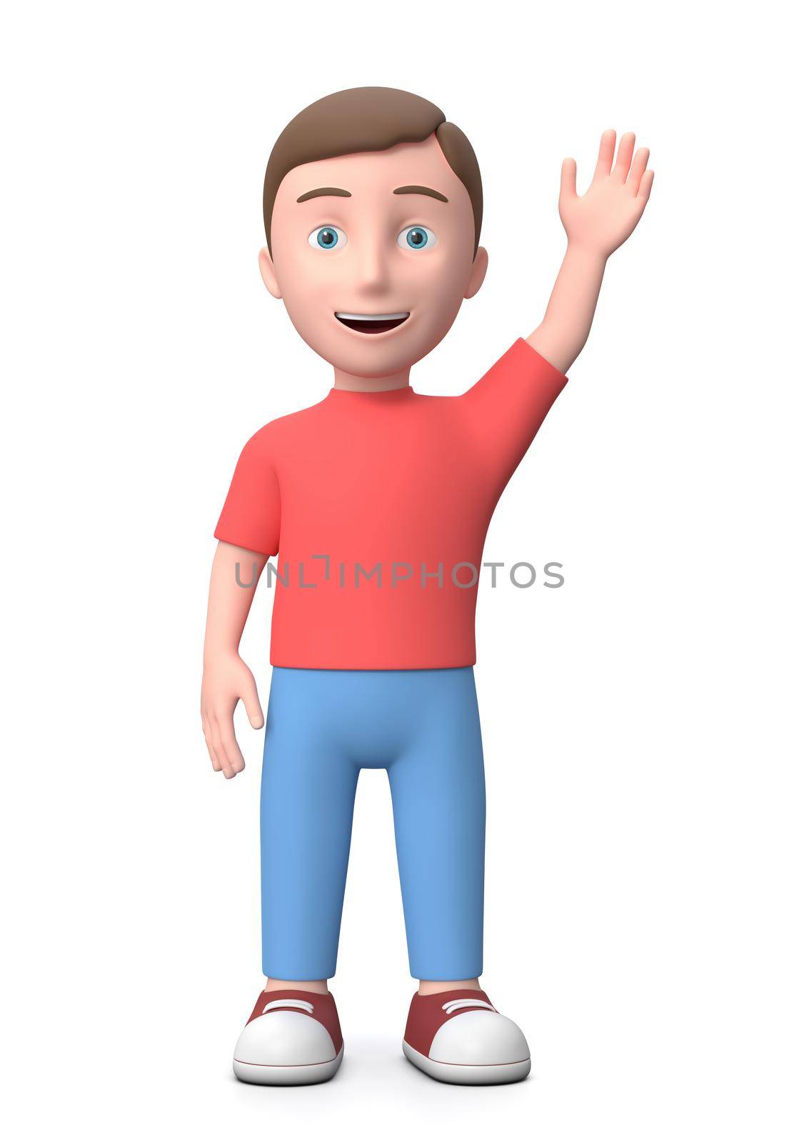 Standing Smiling Young Kid Waving, Saying Hello with Hand. 3D Cartoon Character Isolated on White Background 3D Illustration