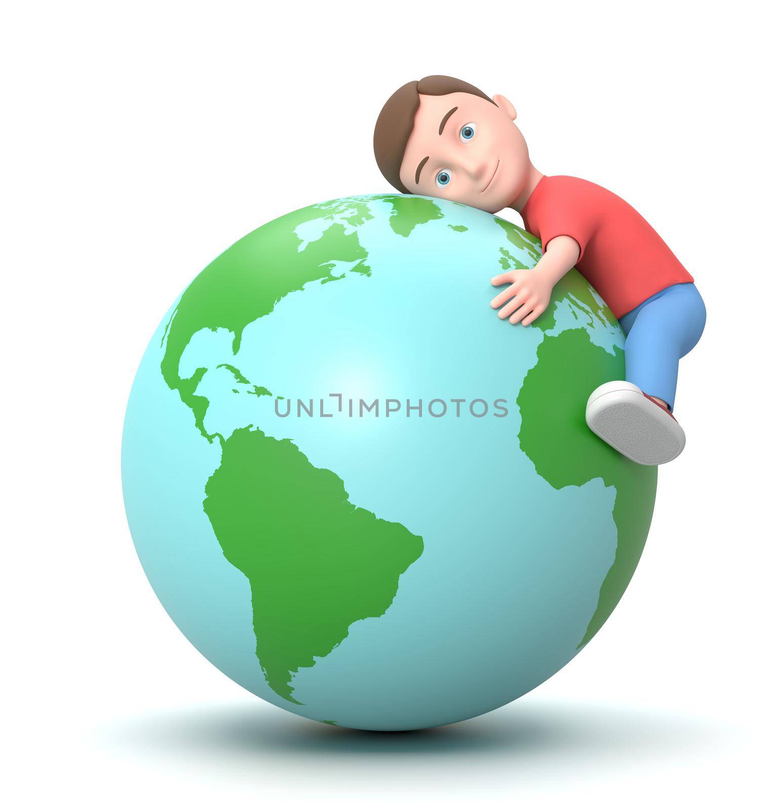 Smiling Little Young Kid Hugging the Earth. 3D Cartoon Character Isolated on White Background 3D Illustration, Love the World Concept