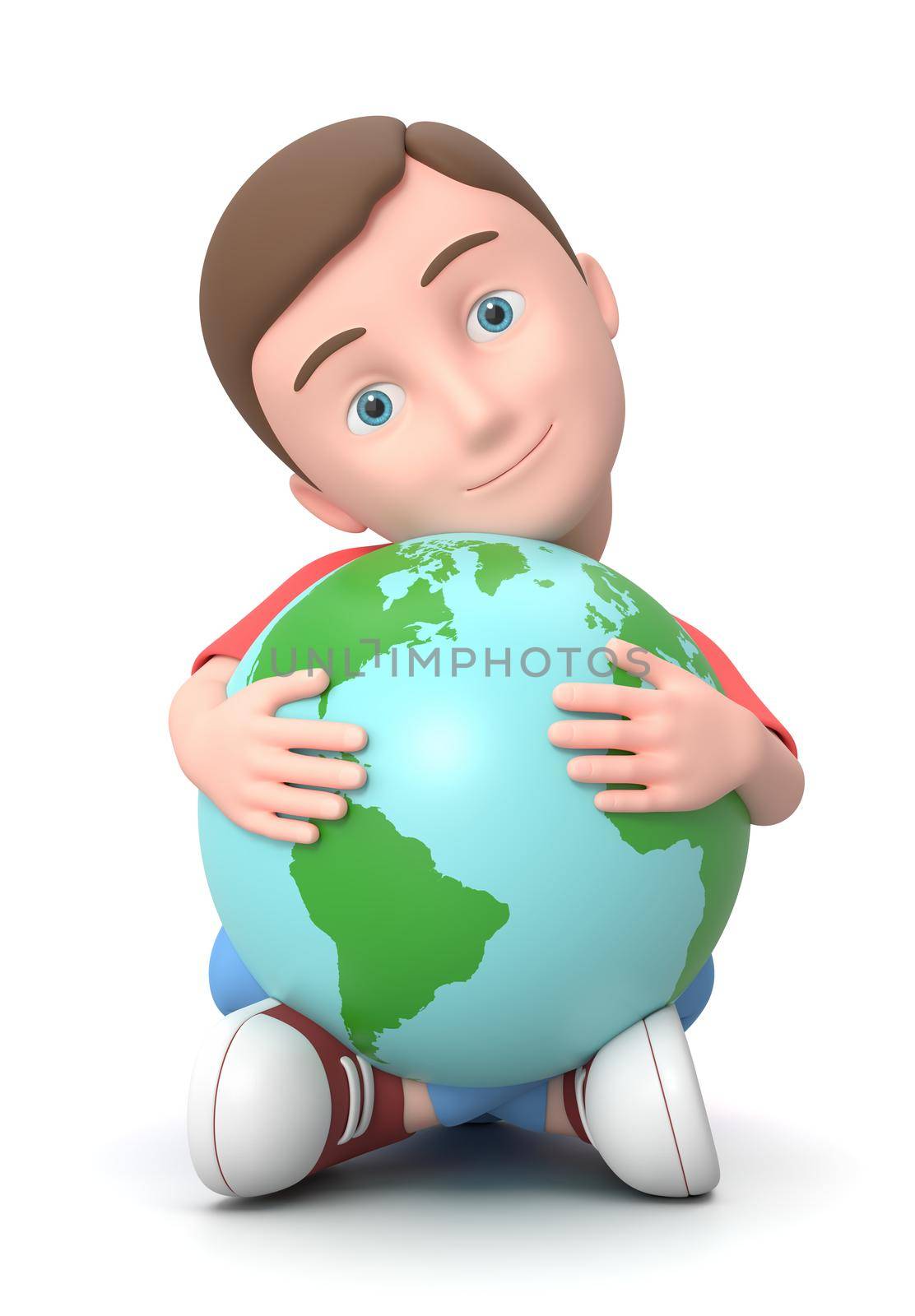Smiling Young Kid Cuddling the World. 3D Cartoon Character Sitting on the Ground Isolated on White Background 3D Illustration, Love the Earth Concept