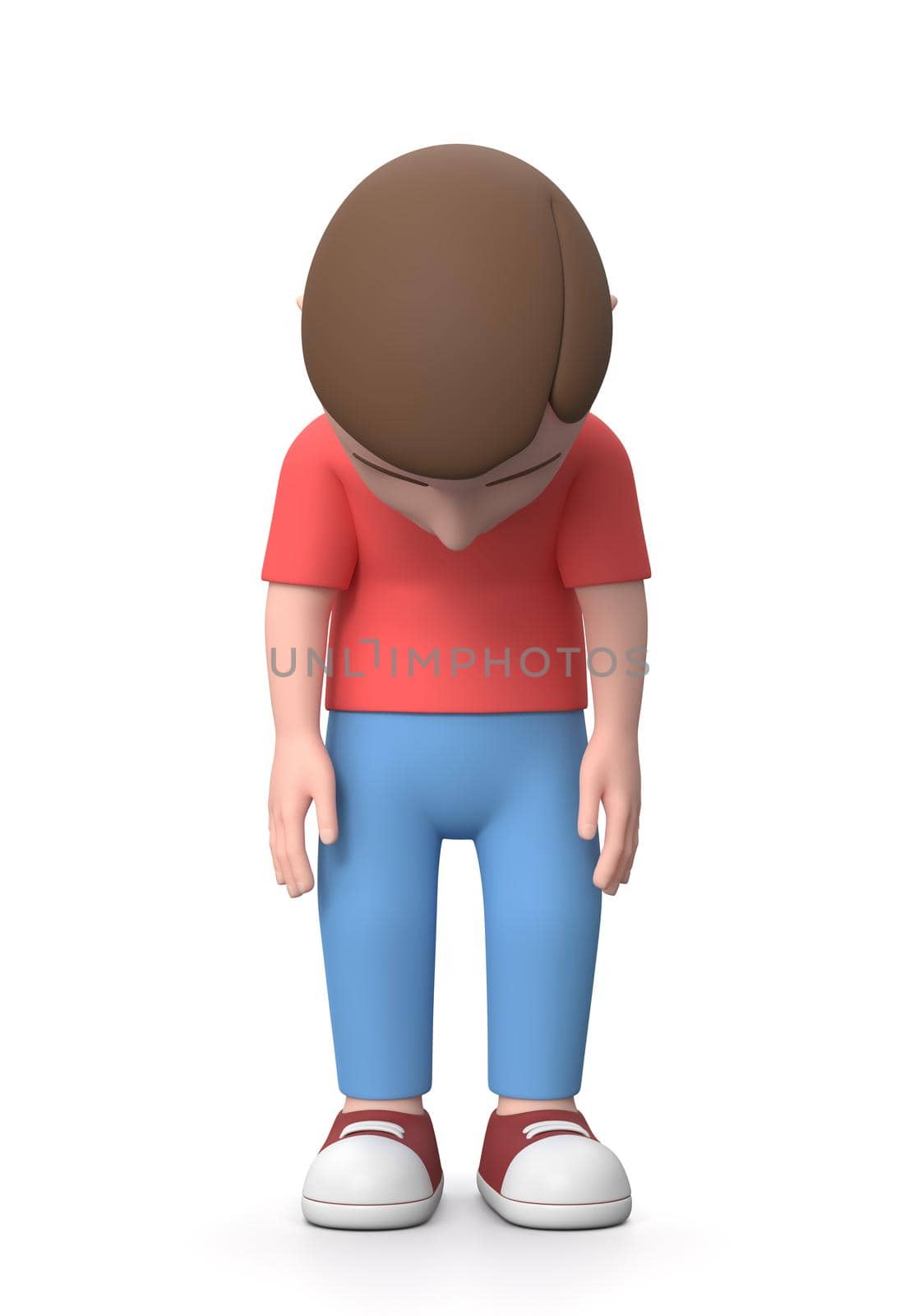 Sad Young Kid. 3D Cartoon Character Isolated on White Background 3D Illustration, Front View, Discouragement Concept
