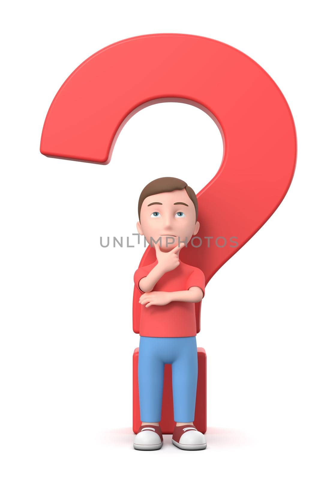 Puzzled Young Kid with Question Mark. 3D Cartoon Character Isolated on White by make