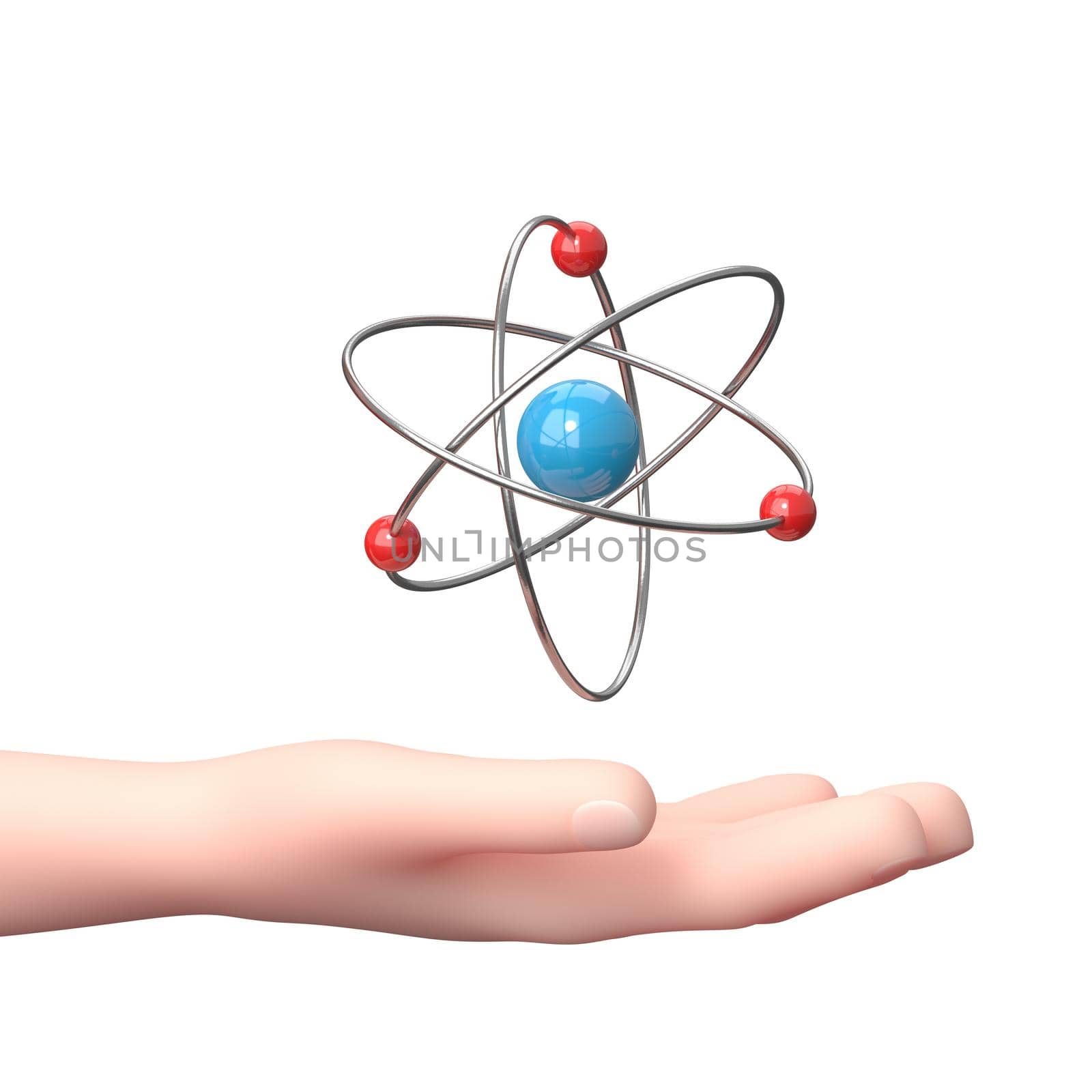 Hand Holding the Atom. 3D Cartoon Character. Isolated on White by make