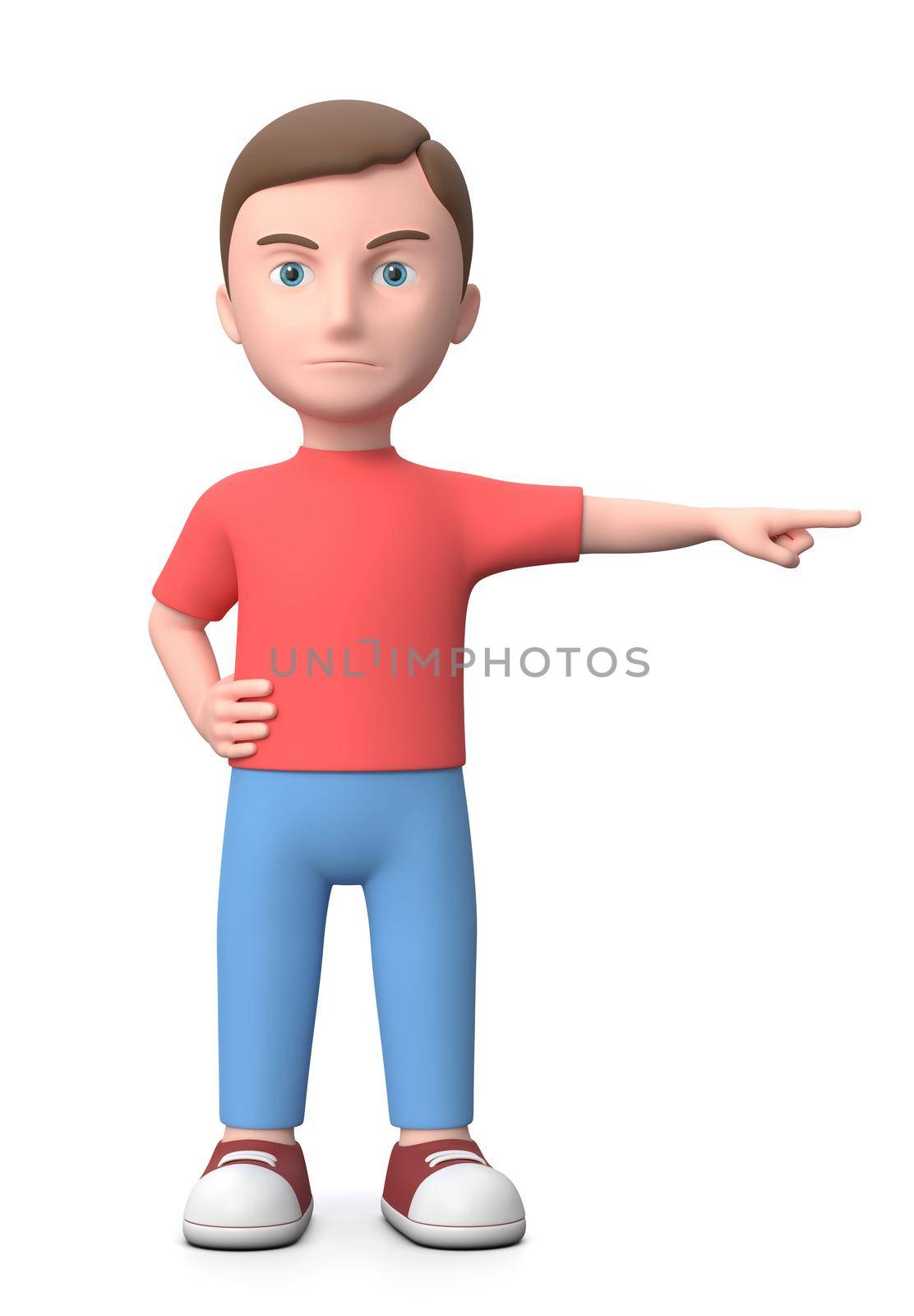 Angry Young Kid Pointing Out. 3D Cartoon Character Isolated on White Background 3D Illustration, Get Out Concept