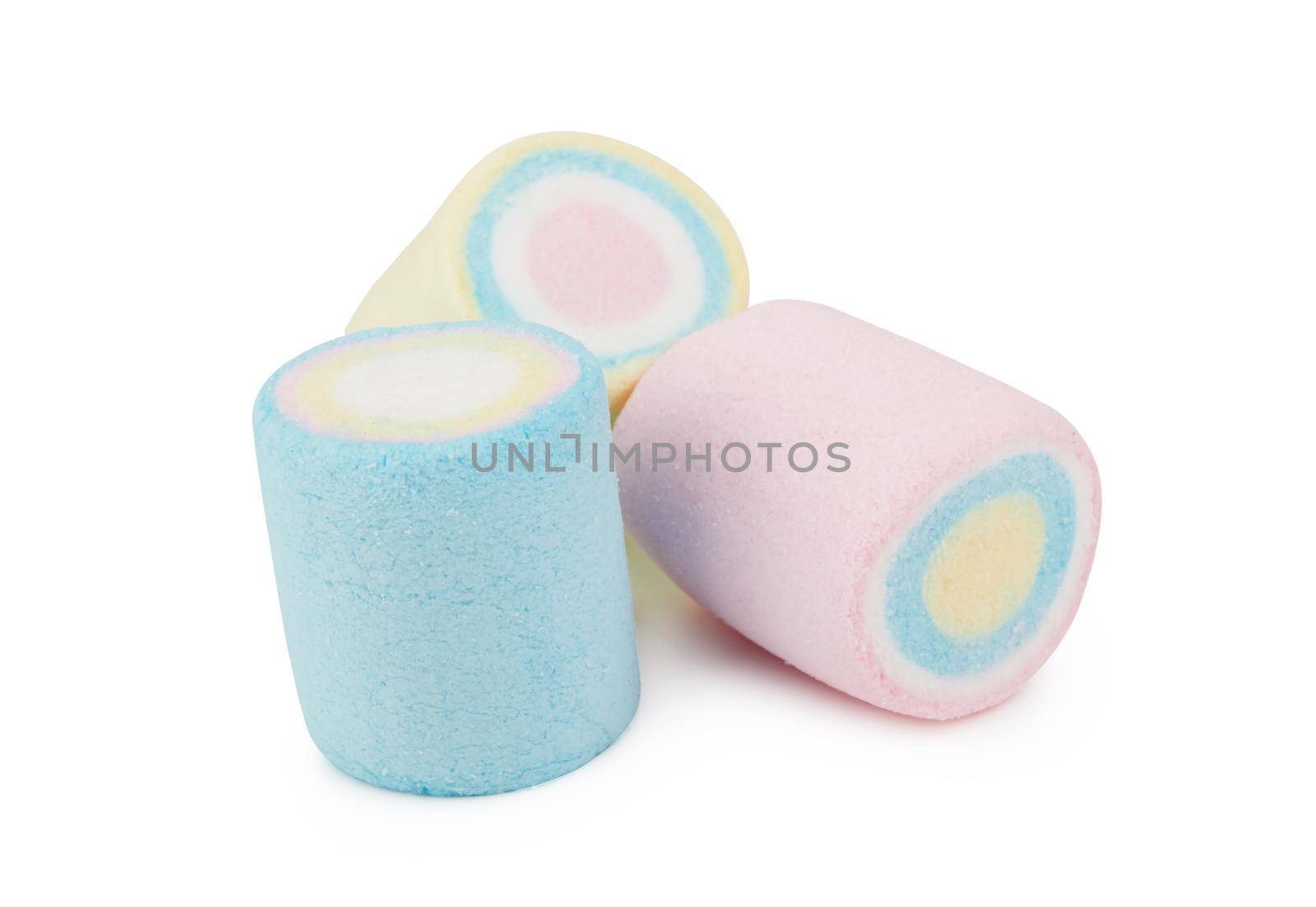 Marshmallows of different colors isolated on white background