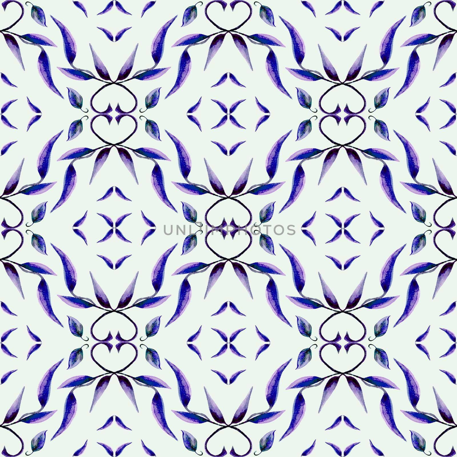 Purple and violet leaves watercolor ornamental pattern. Hand drawn illustration by fireFLYart