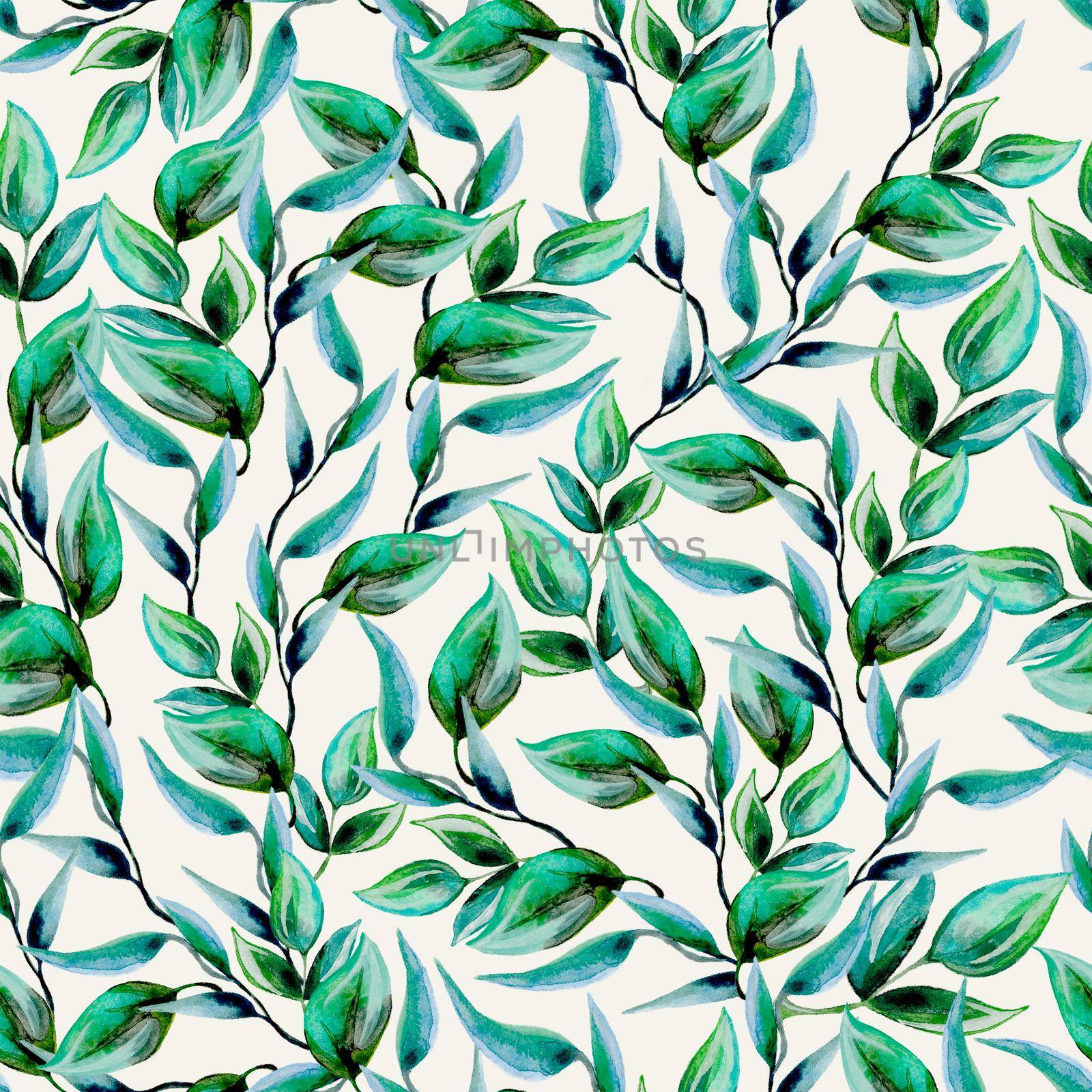Green leaves watercolor texture pattern. Hand drawn illustration by fireFLYart