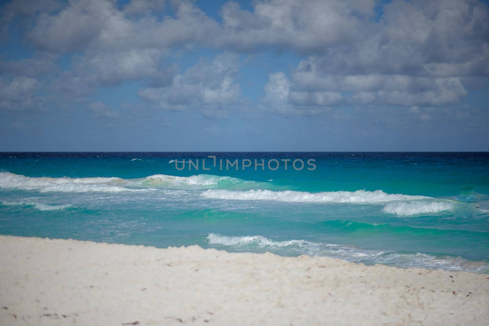 Sea shore on the Caribbean beach in the Area Hoteleria in Cancun Quintana Roo Mexico.