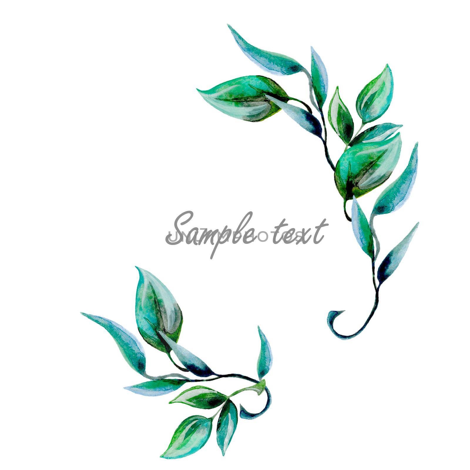Frame template with green leaves and place for text. Watercolor illustration by fireFLYart
