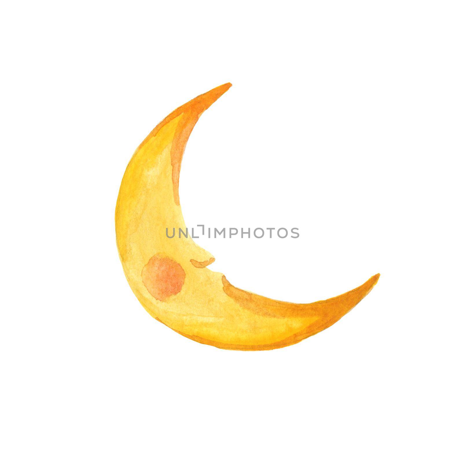 Crescent moon of painting with watercolor on paper, illustration design. isolated on white