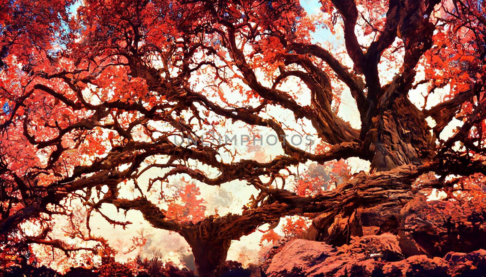 3D render extraordinarily massive oak tree with leaves the color of crimson. Beautiful HD Wallpaper