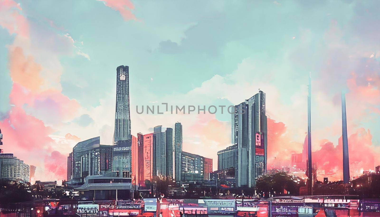 Beautiful Sky over the city of the future. Cityscape wallpapers HD