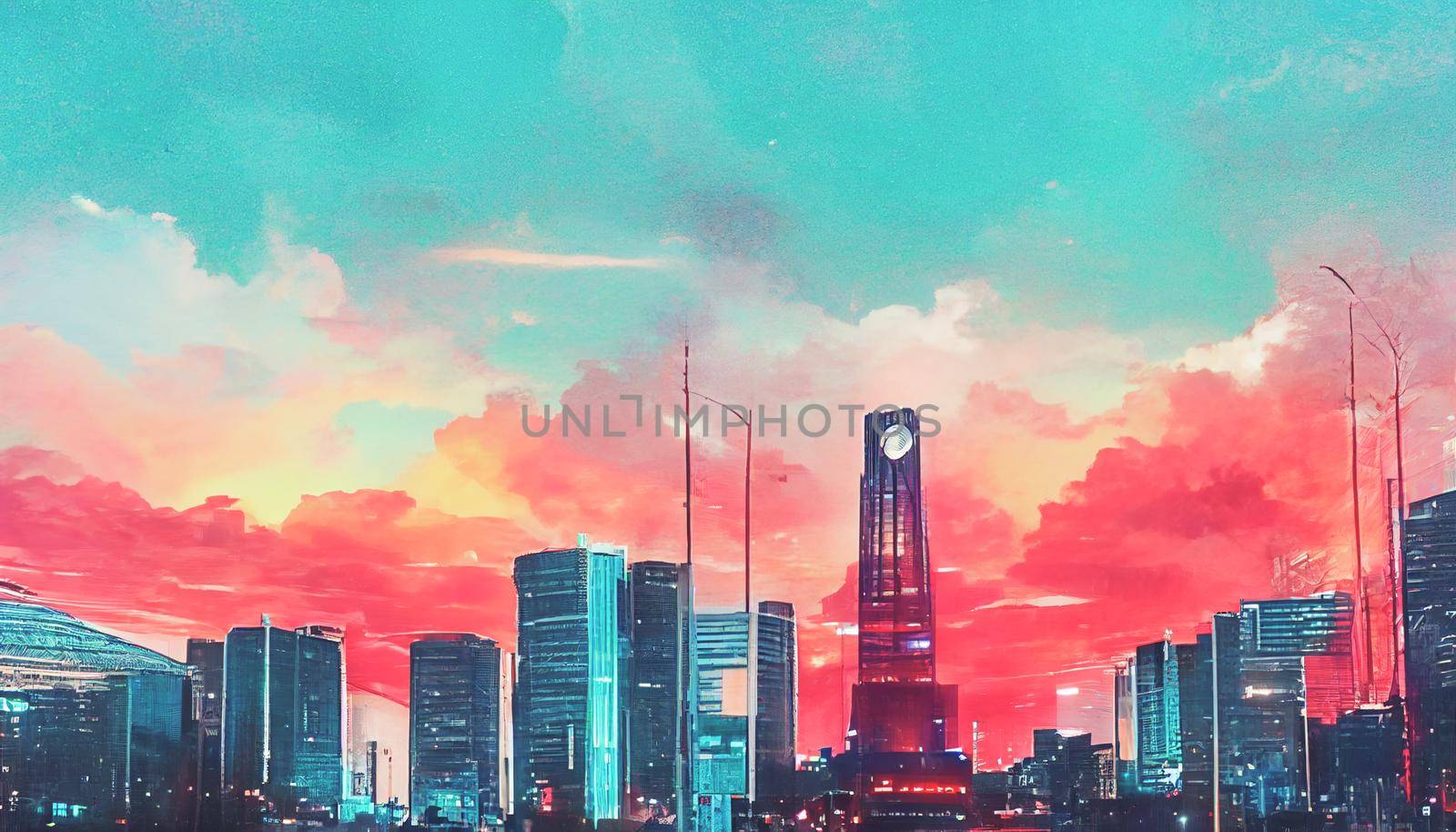 Beautiful Sky over the city of the future. Cityscape wallpapers HD