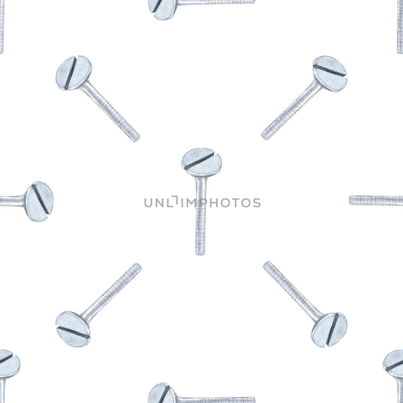 Watercolor steel bolts seamless pattern on white background. Carpentry print