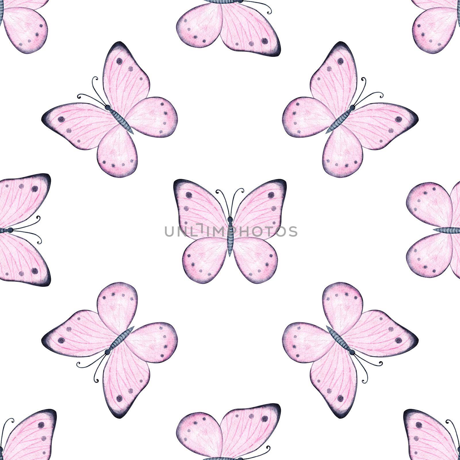 watercolor pink butterflies seamless pattern on white background