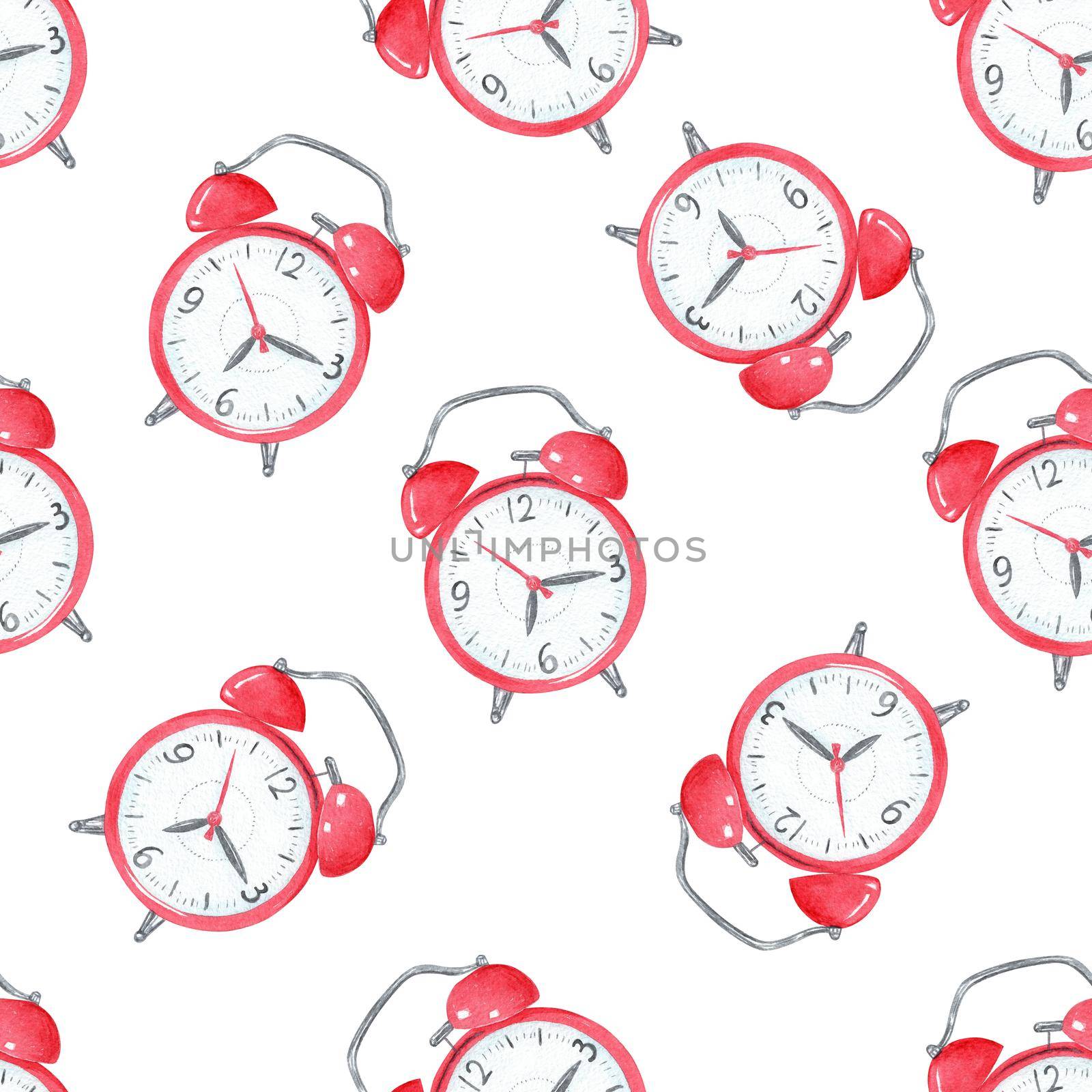 Watercolor red alarm clocks seamless pattern on white background