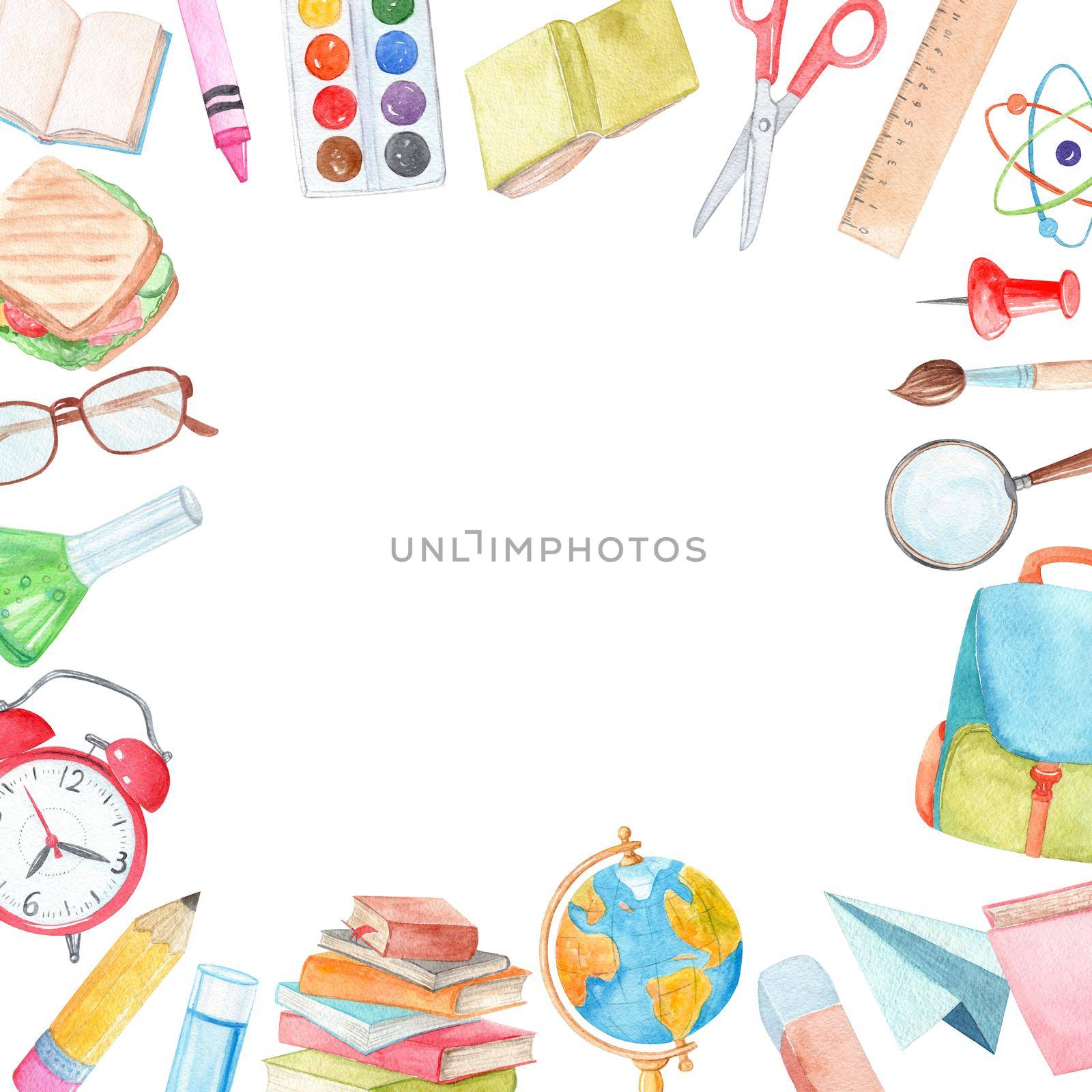 Watercolor school supplies square frame isolated on white by dreamloud