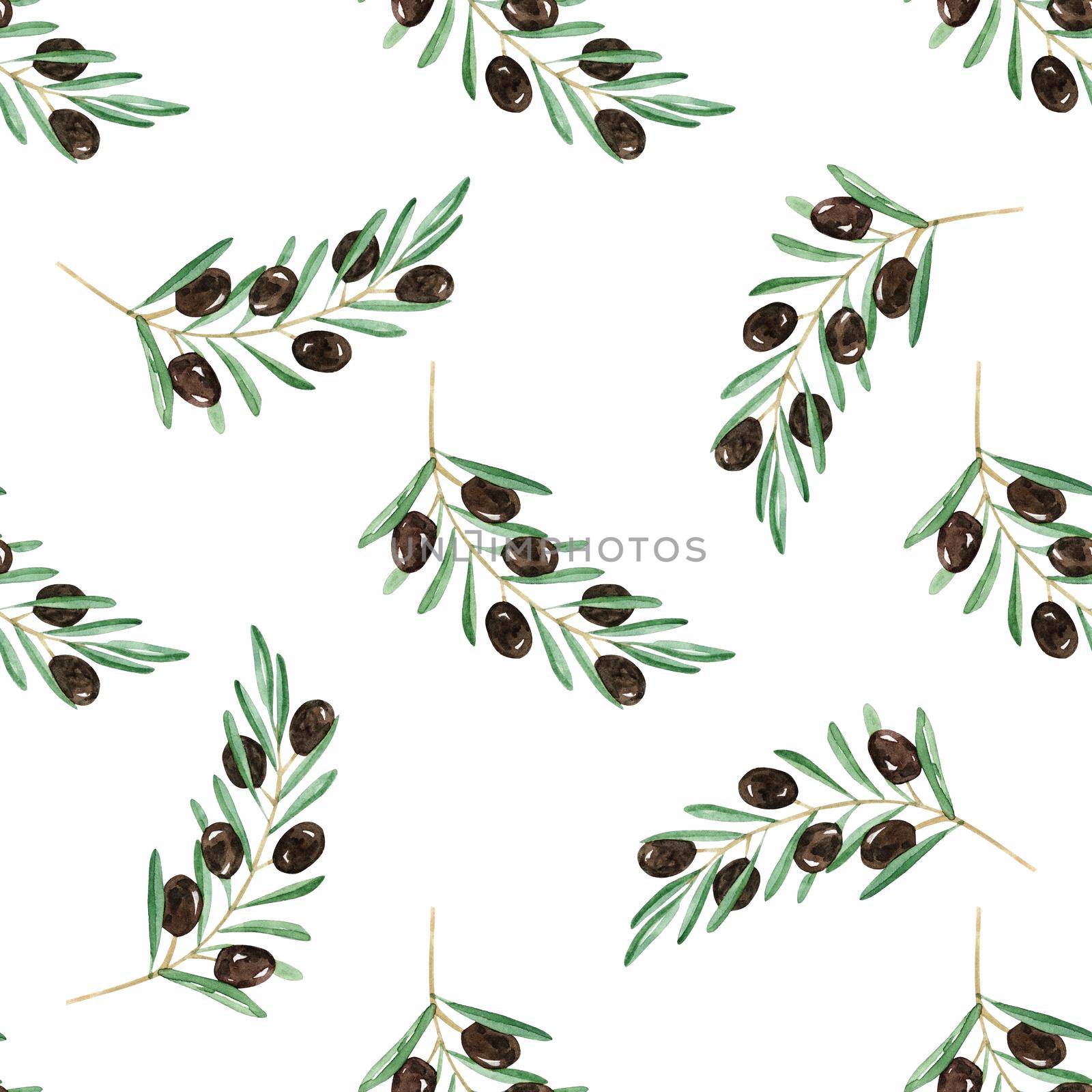 Watercolor black olive seamless pattern on white background by dreamloud