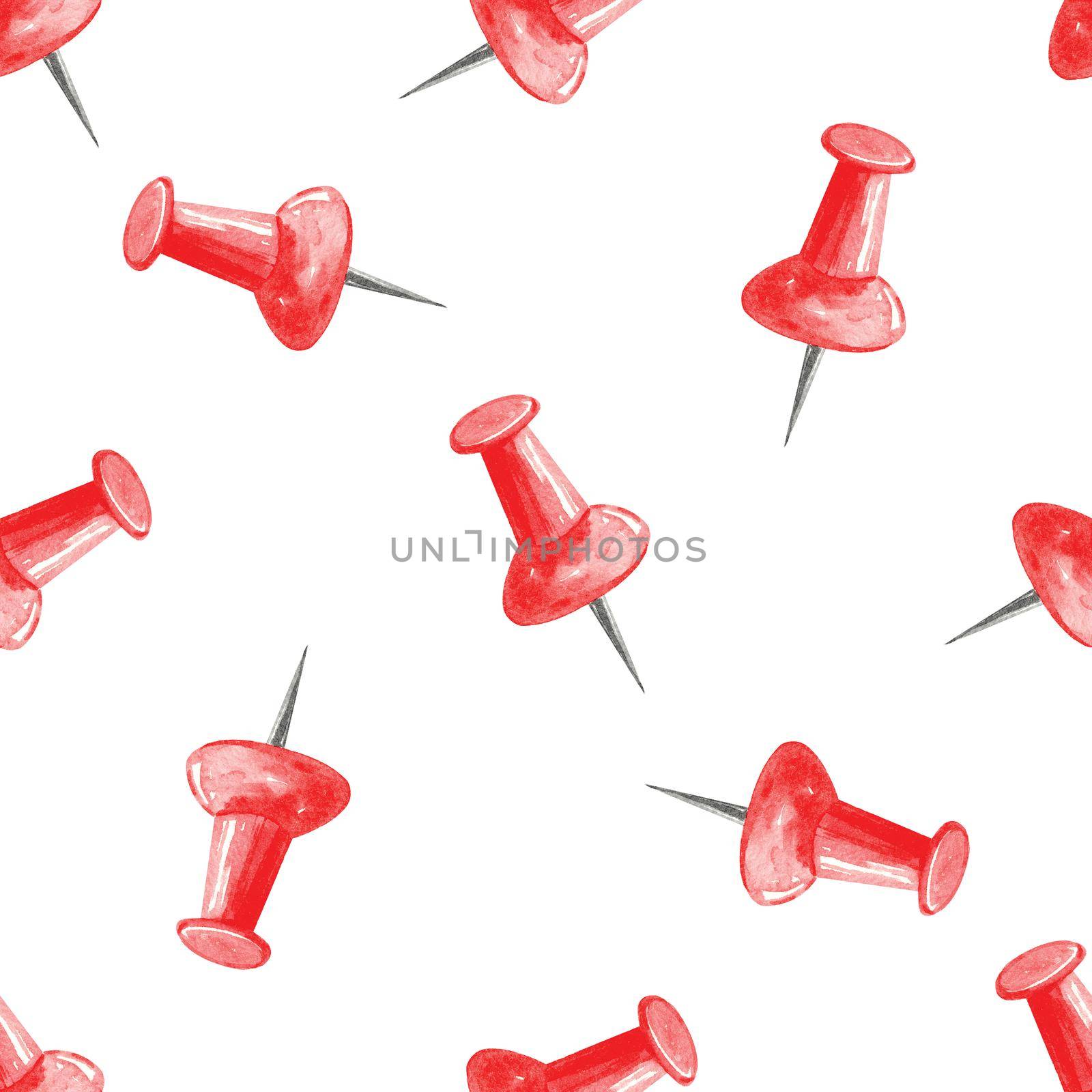 Watercolor red pins seamless pattern on white background. Hand drawn thumbtacks print for fabric, textile, wrapping, wallpaper