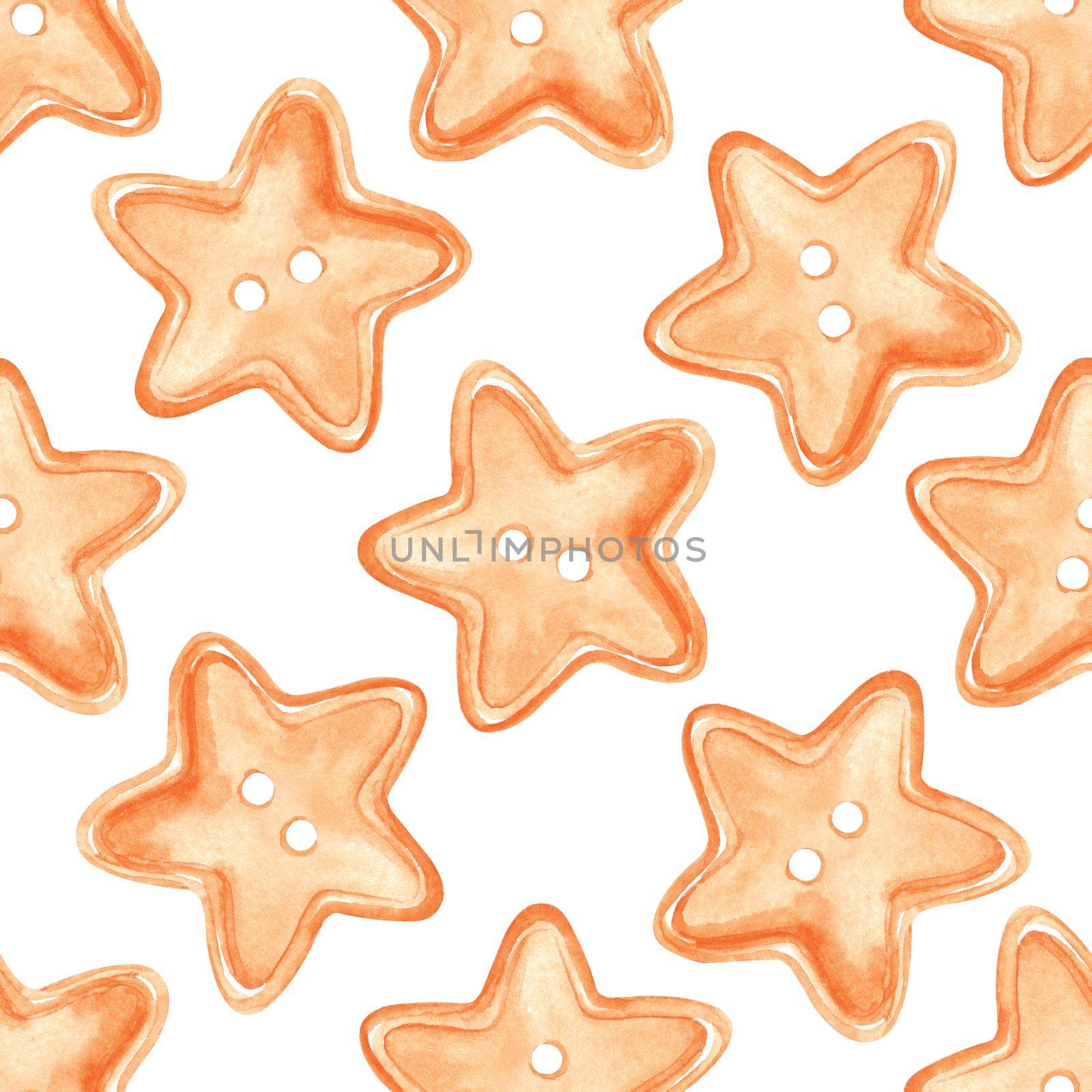 Watercolor orange stars buttons seamless pattern on white background. Hand drawn sewing print for fabric, textile, wrapping, wallpaper