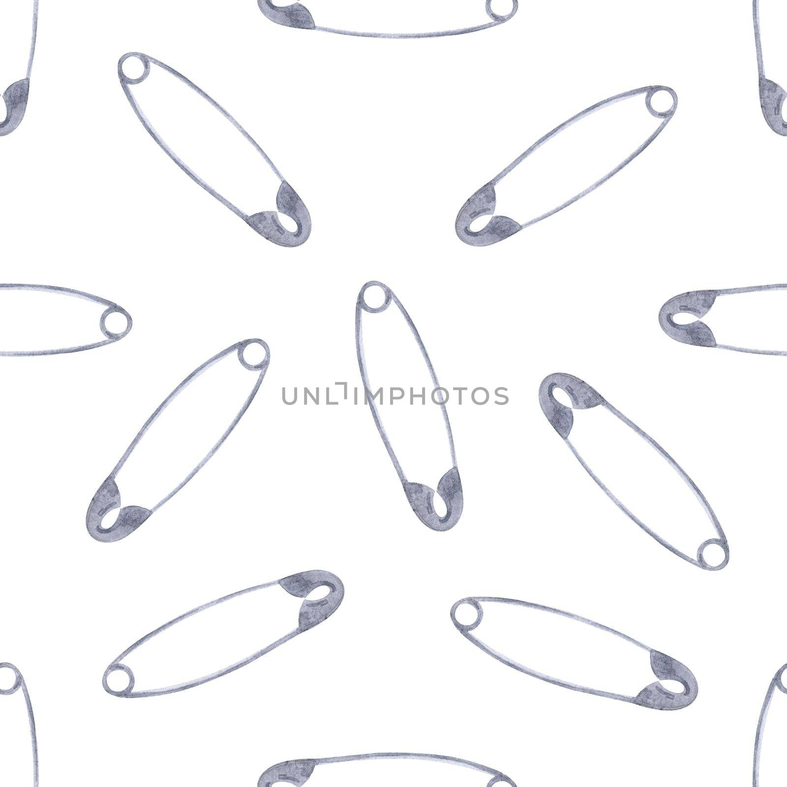 Watercolor safety pin seamless pattern on white background. Hand drawn sewing print for fabric, textile, wrapping, wallpaper