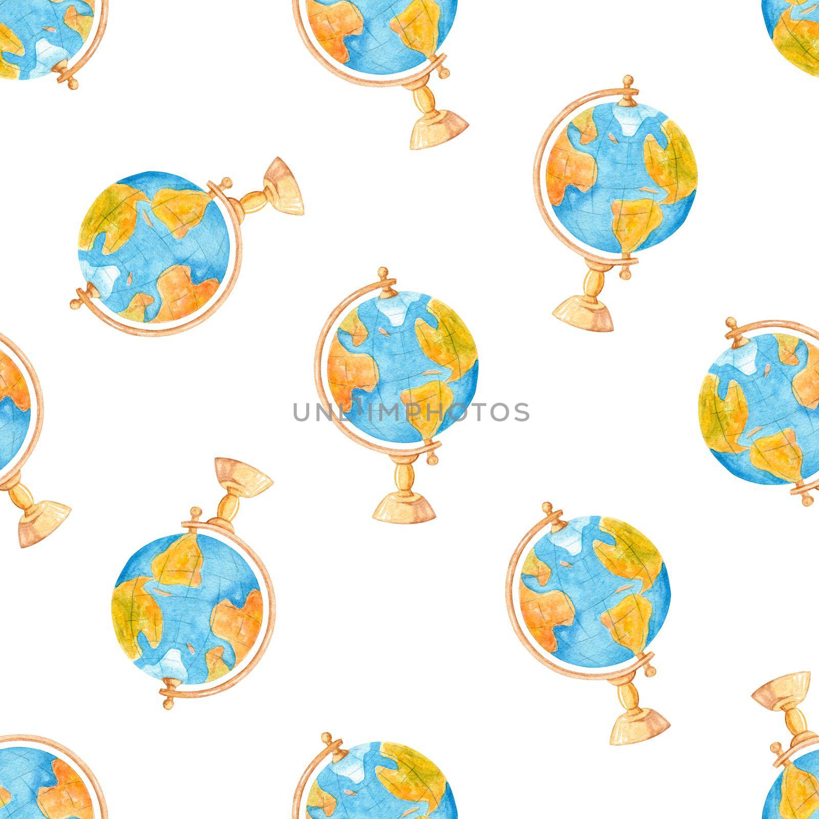 Watercolor globes seamless pattern on white background