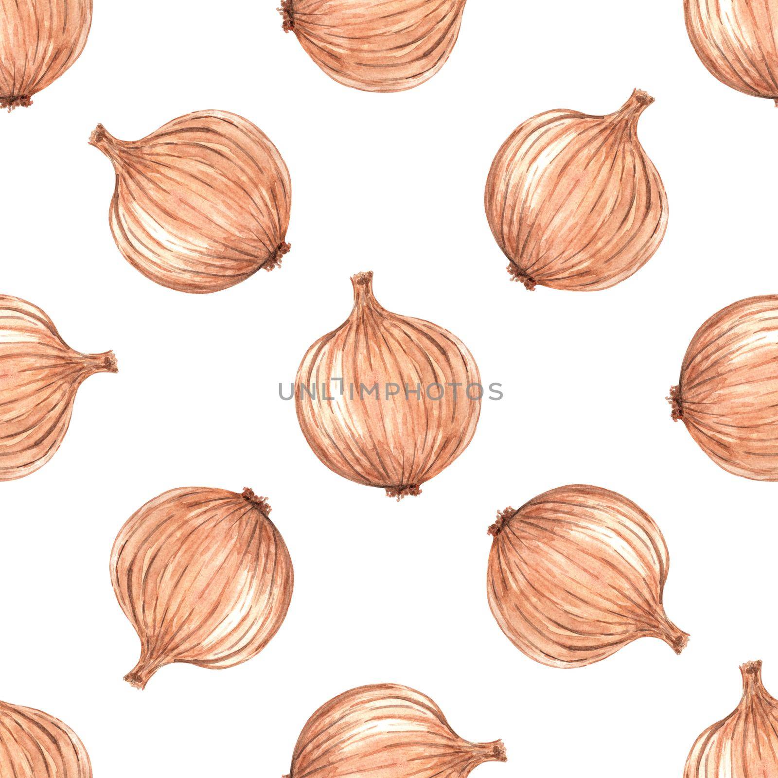 Watercolor brown onion seamless pattern on white background. Hand drawn vegetable print for fabric, textile, wrapping, wallpaper