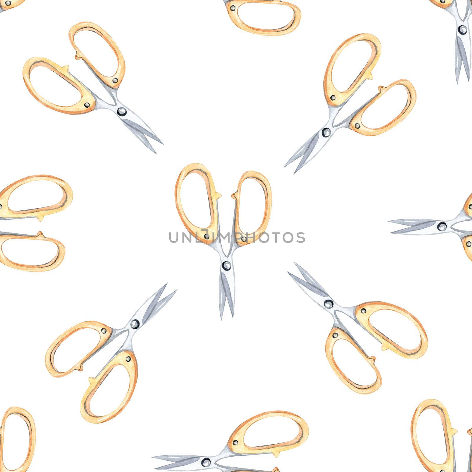 Watercolor gold scissors seamless pattern on white background